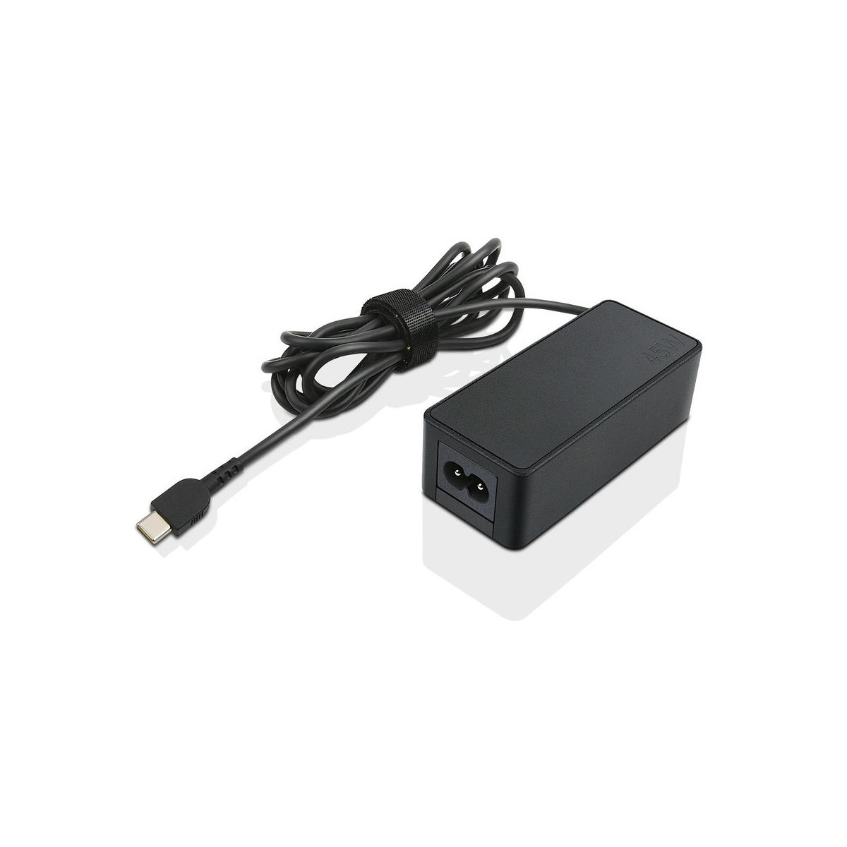 Adattatore di alimentazione Lenovo nero con cavo USB-C, cavo nero e sfondo bianco.