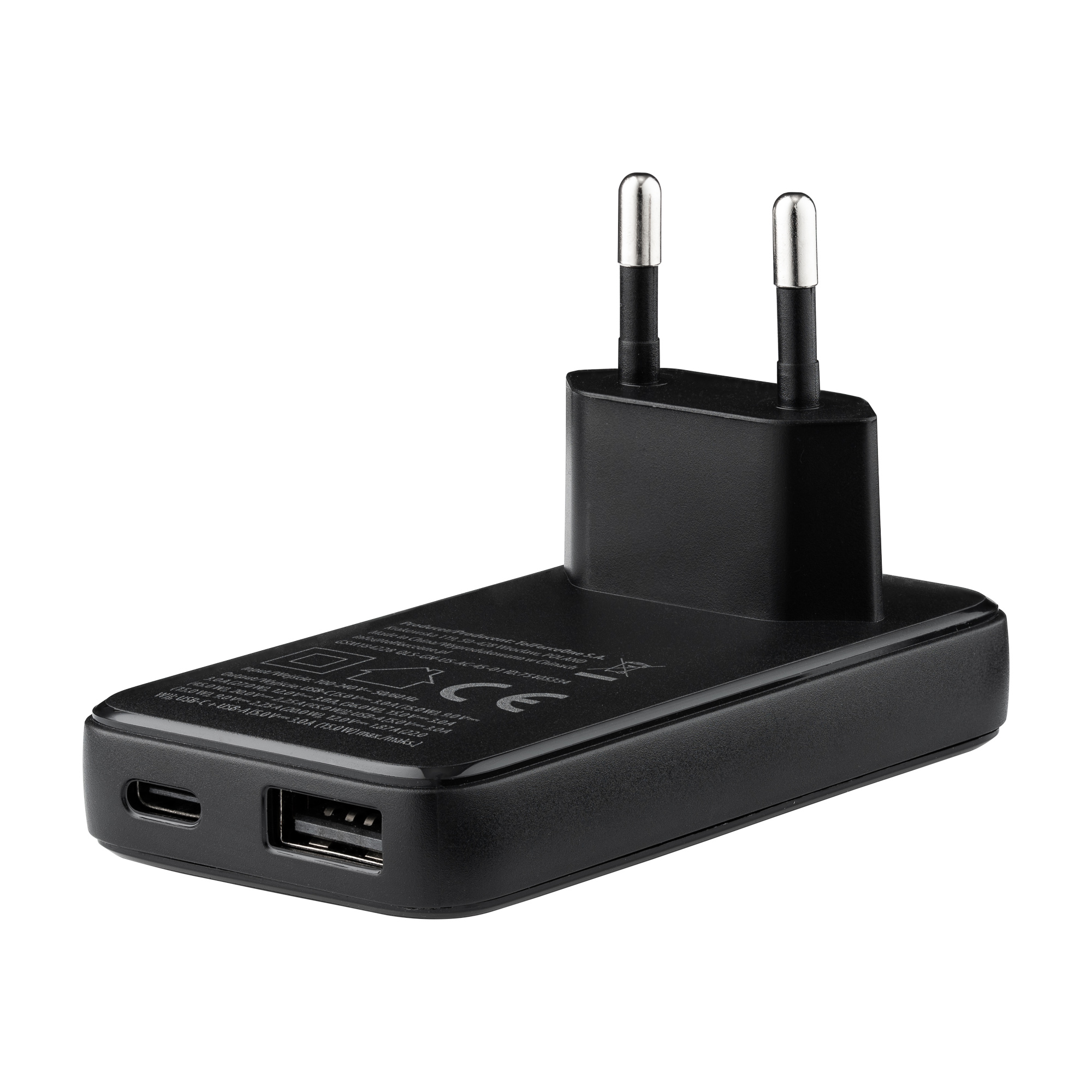 Czarna ładowarka USB z dwoma portami USB na białym tle.