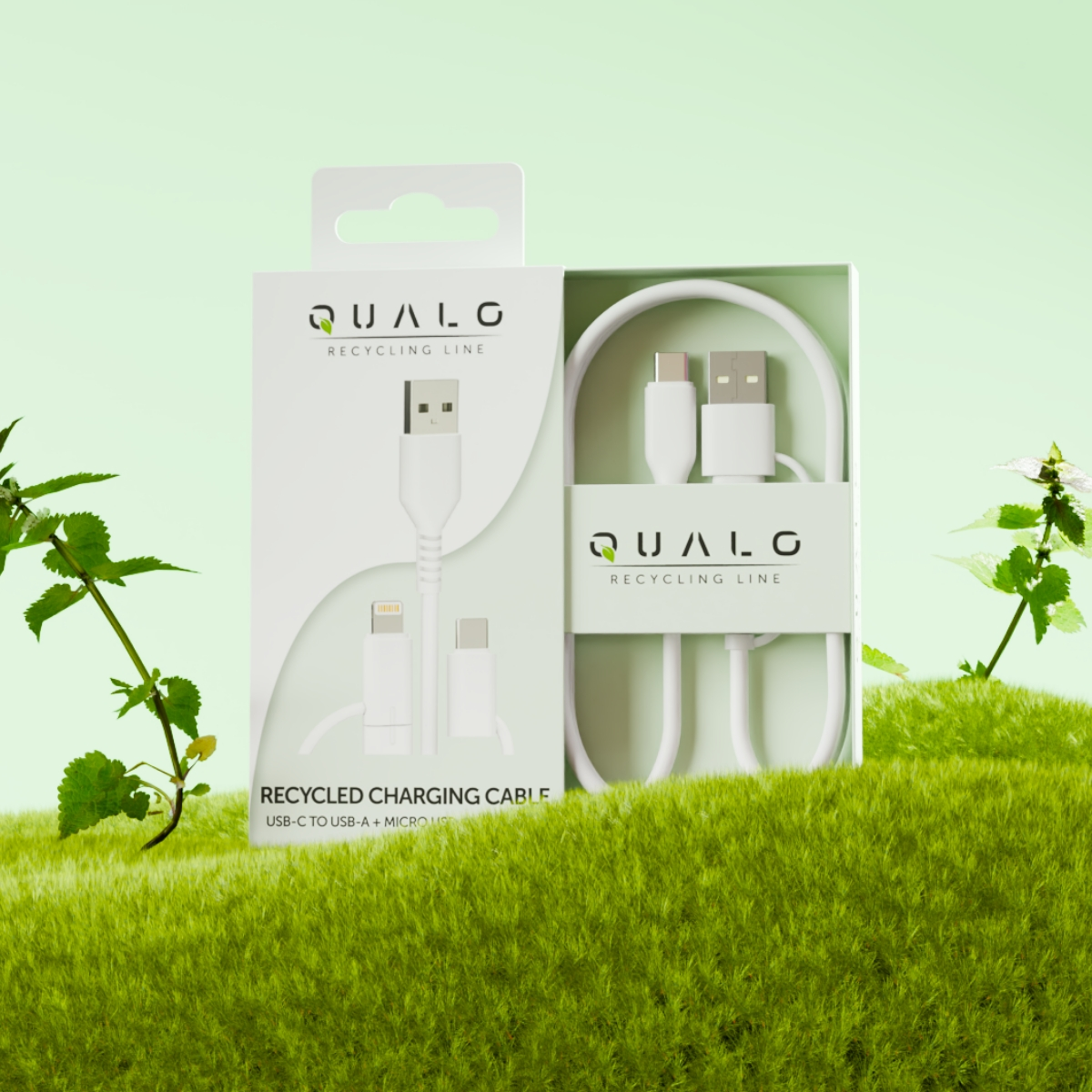 Białe pudełko na kabel do ładowania z zielonym tłem, z białym kablem do ładowania.