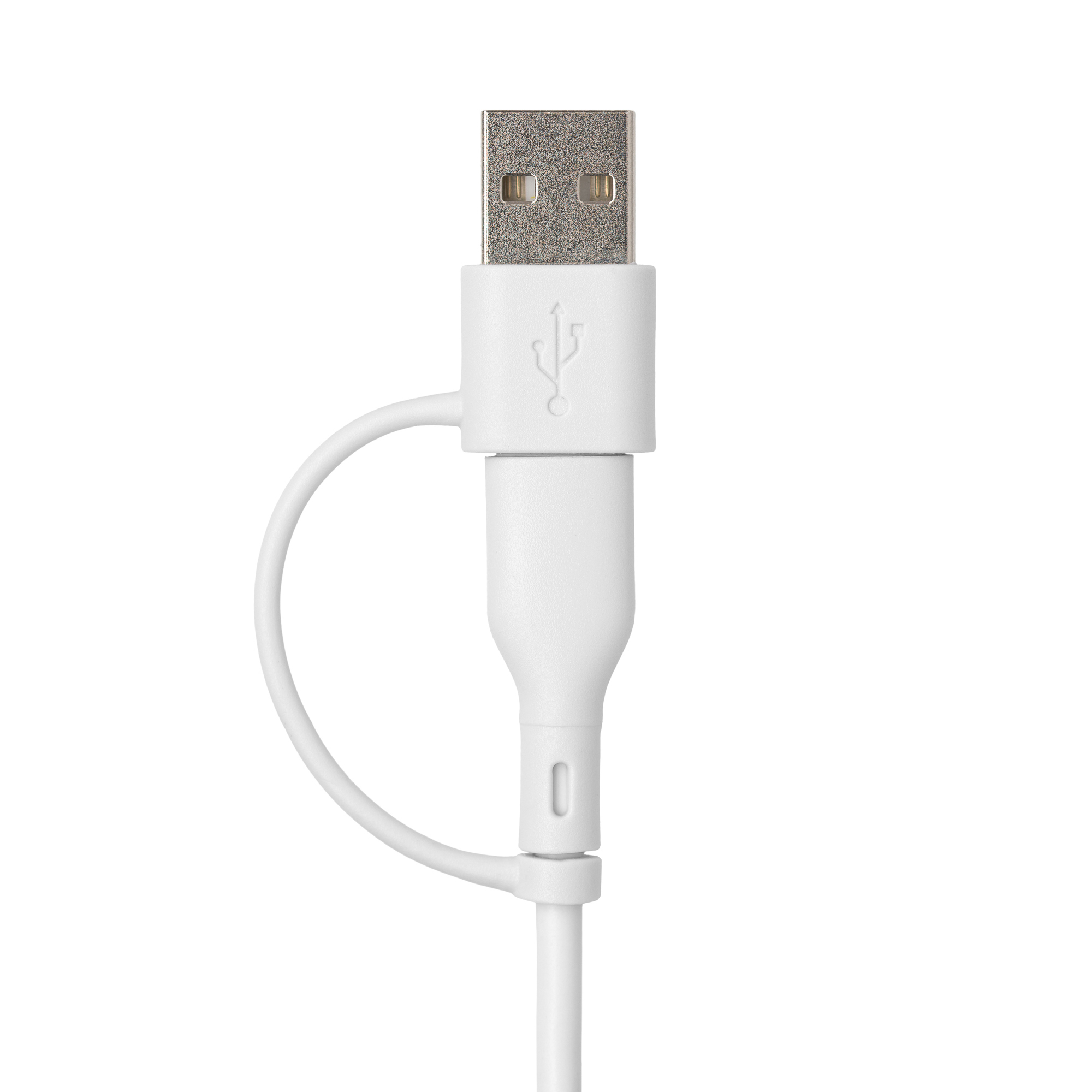 Biały kabel USB ze złączem USB i złączem USB-C na przeciwległych końcach.