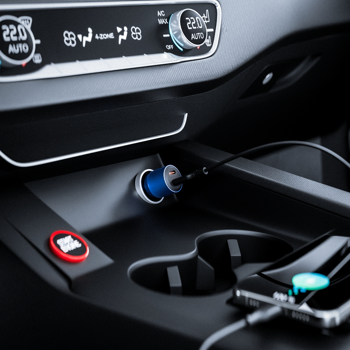 Niebieska ładowarka samochodowa z dwoma portami USB-C, oznaczonymi jako Type-C1 i Type-C2.