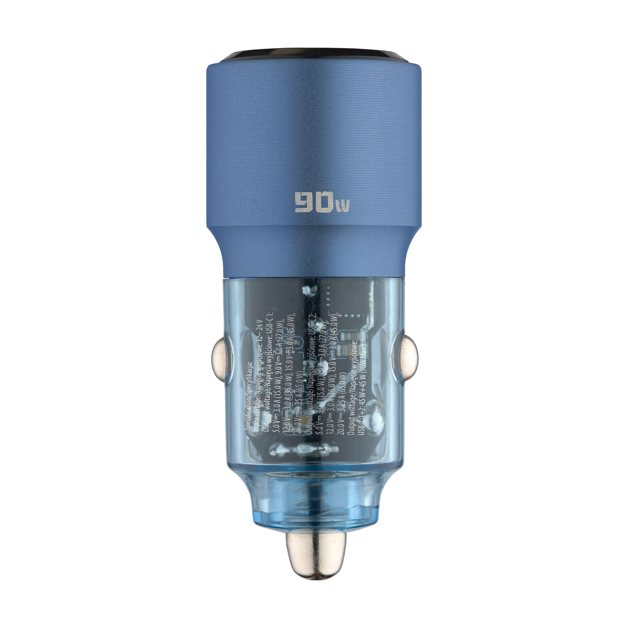 Mały, srebrny transceiver SFP ze złotym złączem i białym tłem.