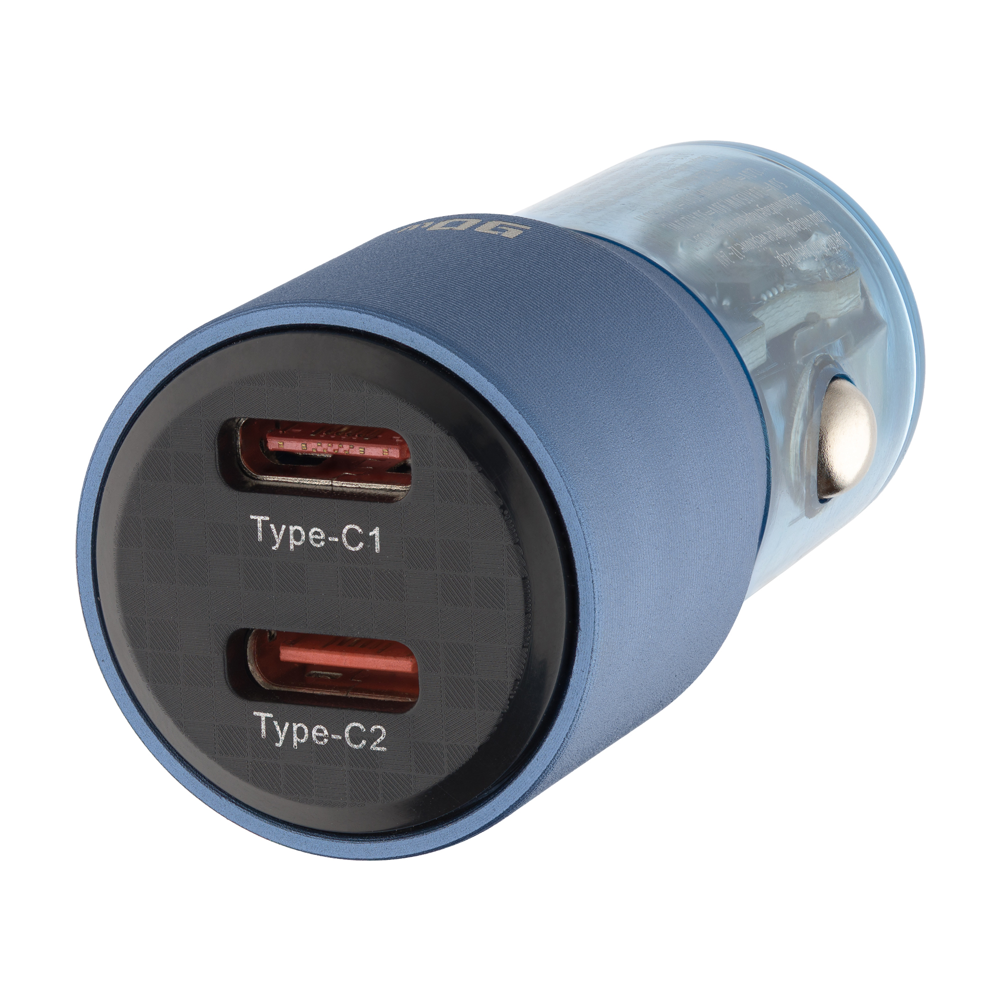 Niebieska i srebrna ładowarka samochodowa z dwoma portami USB-C oznaczonymi 'Type-C1' i 'Type-C2'.