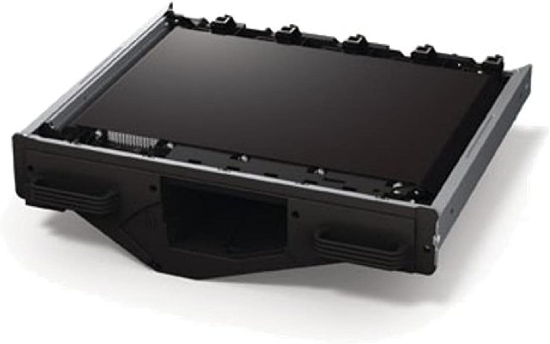 Czarny komponent z ekranem, uchwytami i kilkoma złączami.