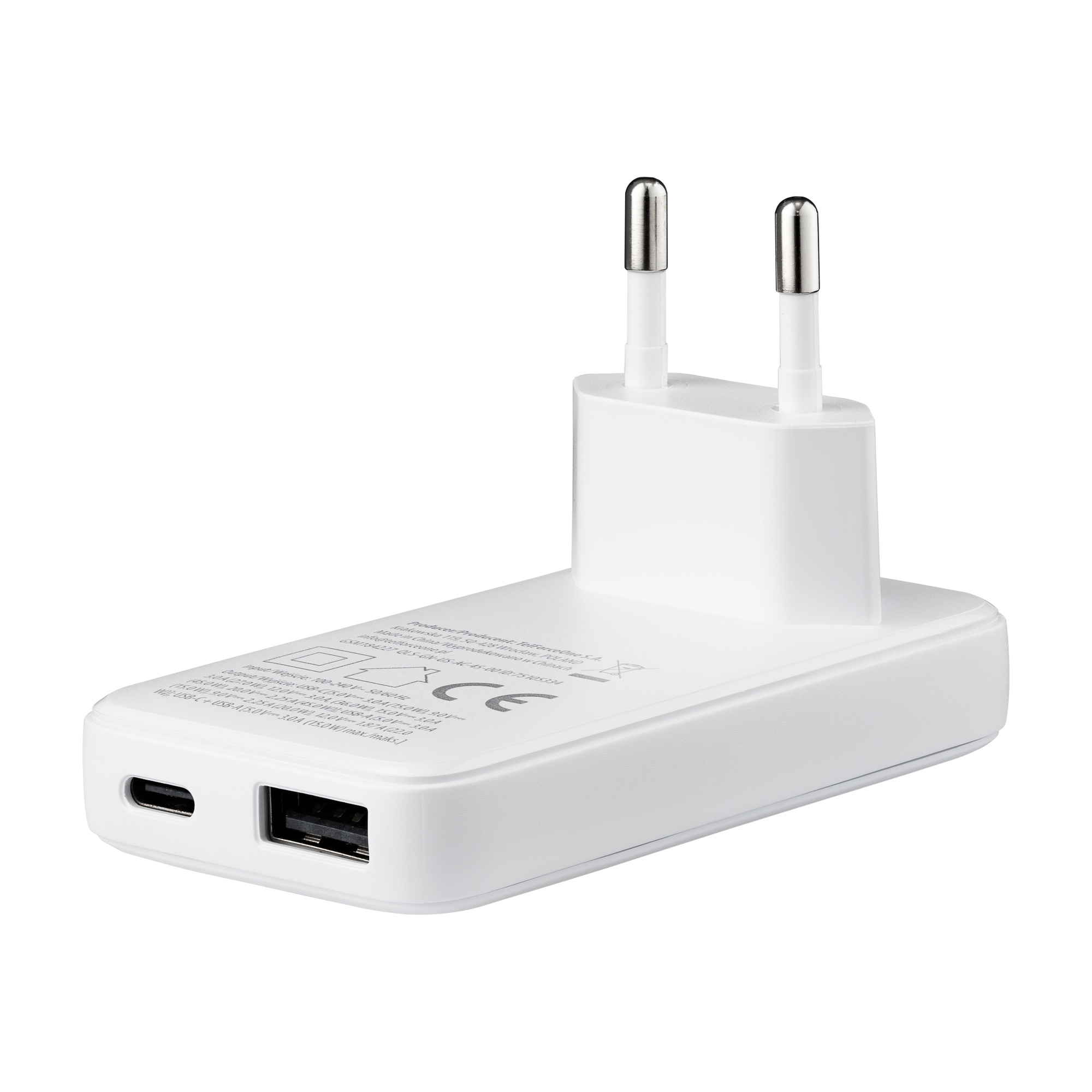 Biała ładowarka UE z portem USB i USB-C. Posiada dwa metalowe bolce.