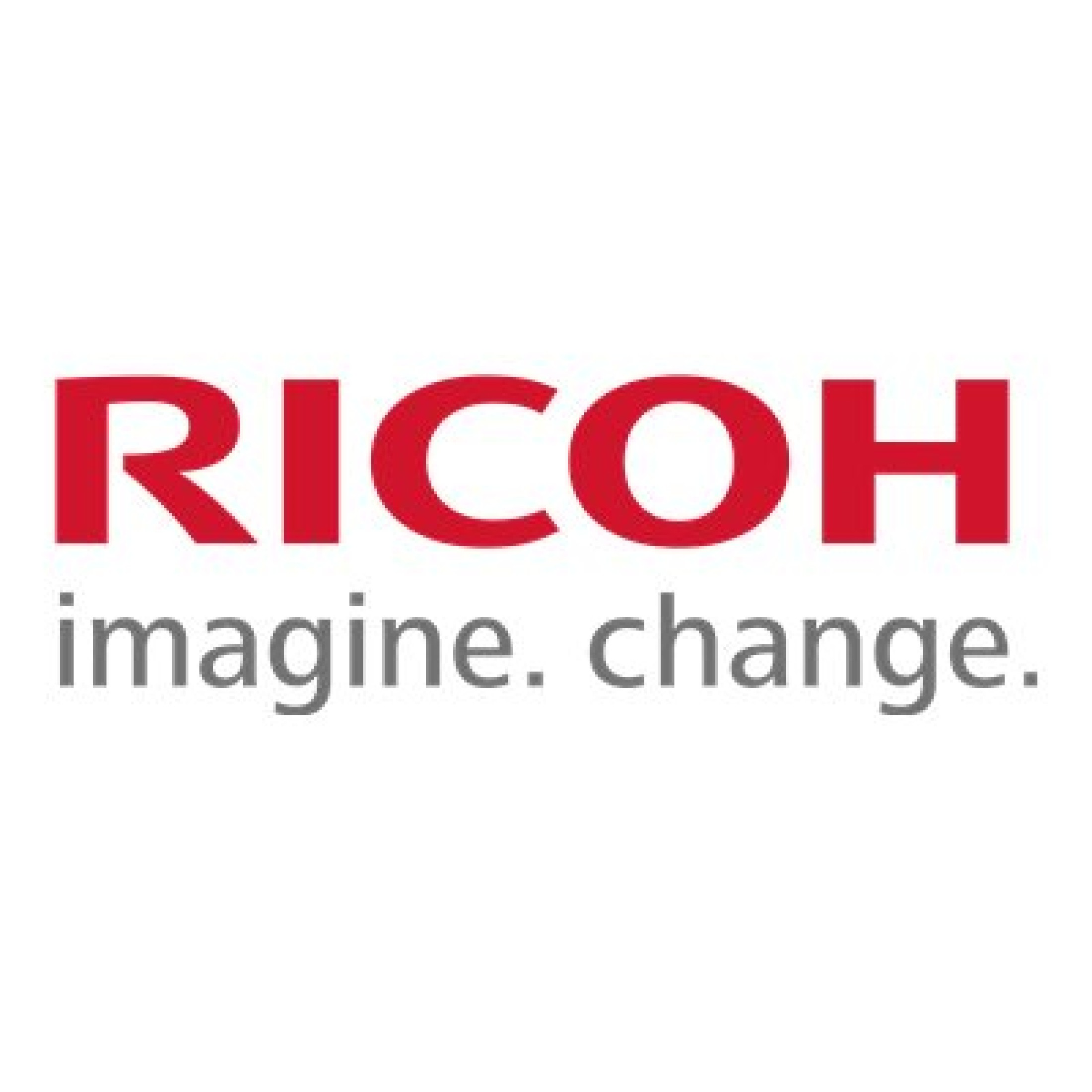Czerwone logo RICOH z tekstem 'imagine. change.' na białym tle.