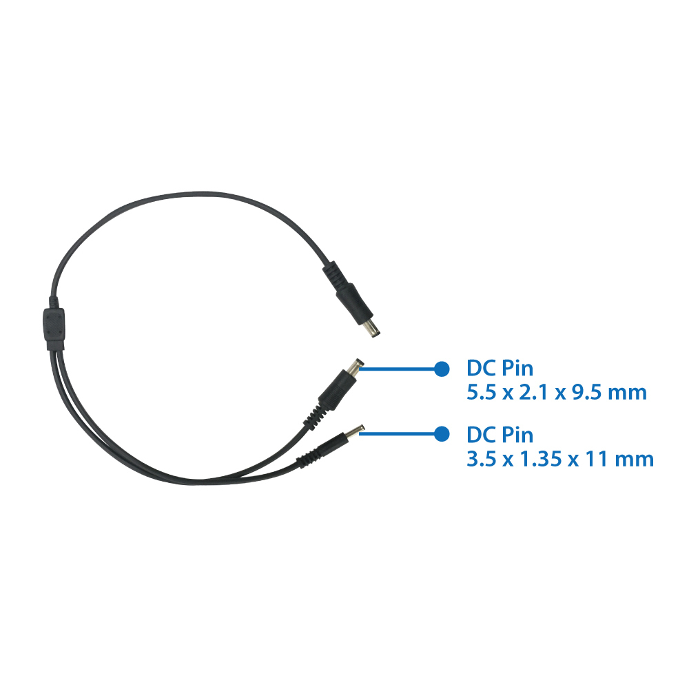 Czarny i srebrny kabel DC z dwoma pinami DC. Etykiety są widoczne.