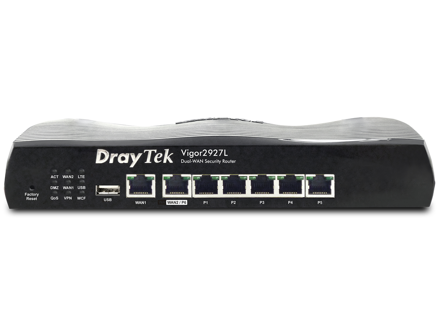 Czarny router z wieloma portami i etykietami na górze. Widoczne 'DrayTek' i 'Vigor2927L'.