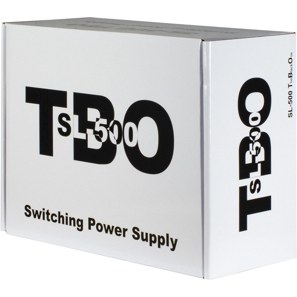 Een witte doos met zwarte tekst: TBO SL-500 Switching Power Supply.