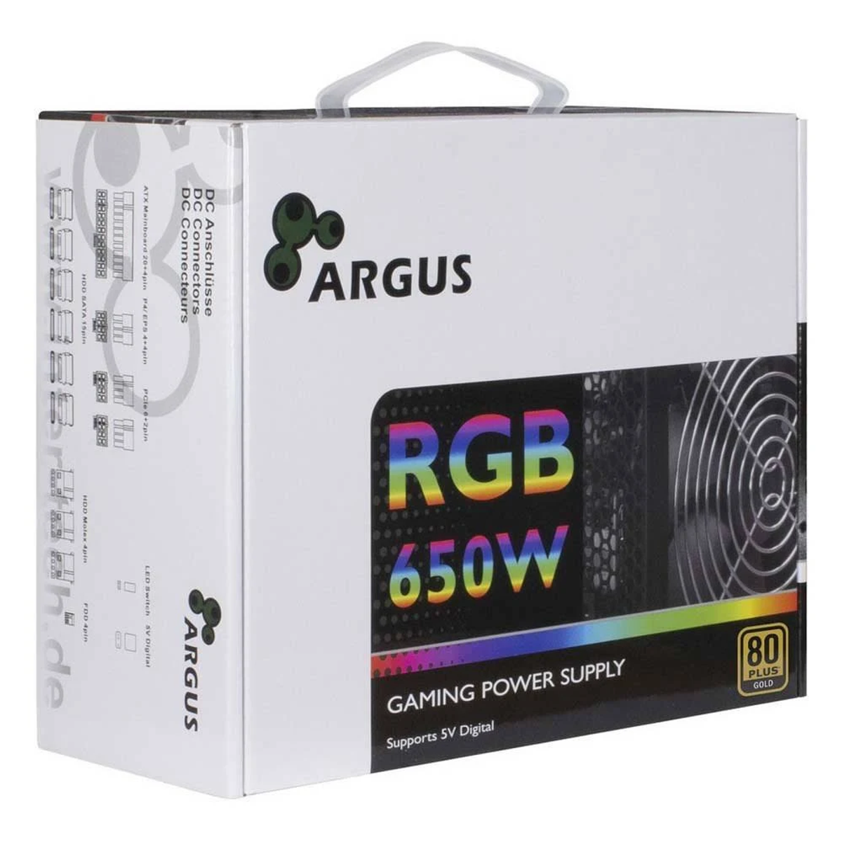 Biało-czarne pudełko z logo 'ARGUS' i tekstem 'RGB 650W'.