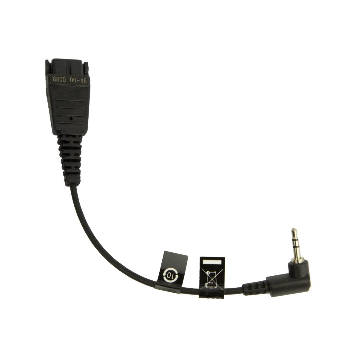Un cable negro con un conector en un extremo y un conector de 3,5 mm en el otro, con etiquetas.