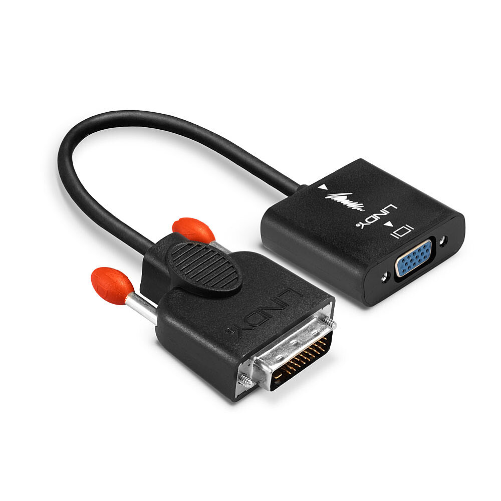 Adattatore da VGA a DVI con connettori neri e cavo nero. Dettagli arancioni.