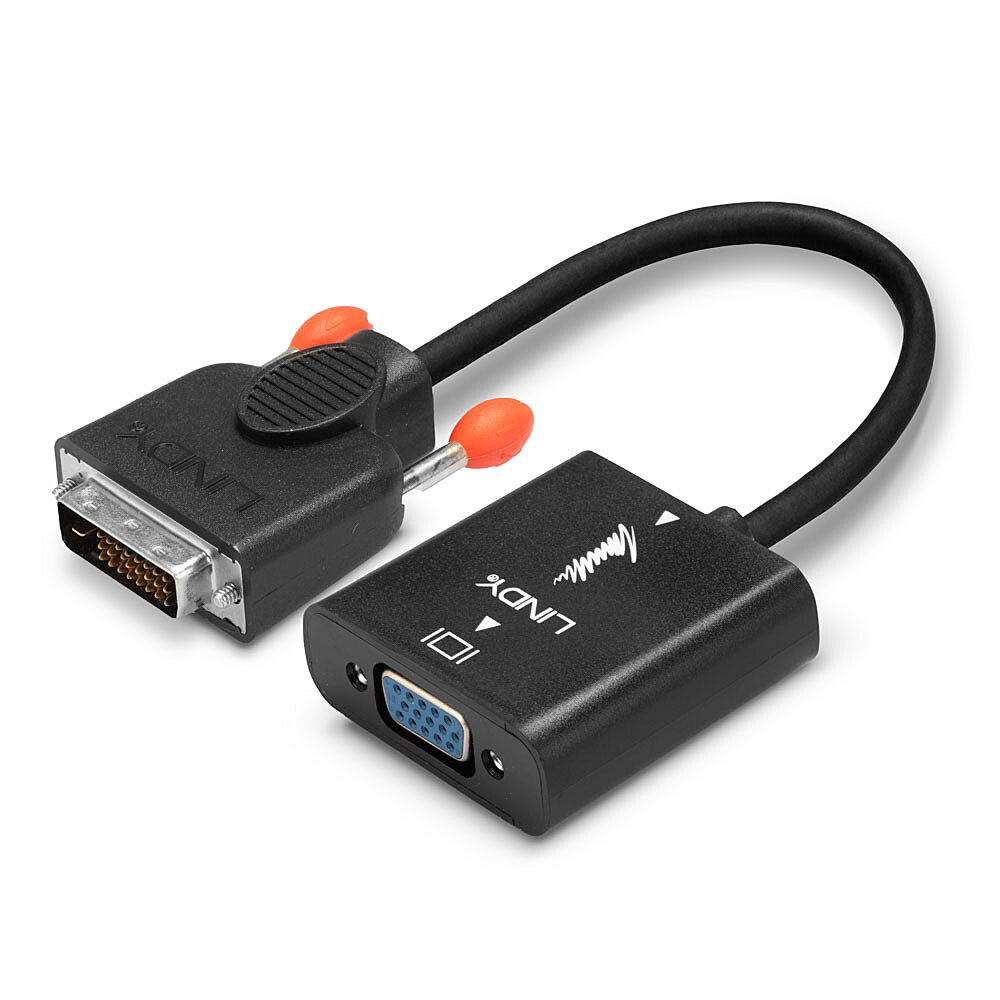 Un adattatore LINDY nero con connettori DVI e VGA.
