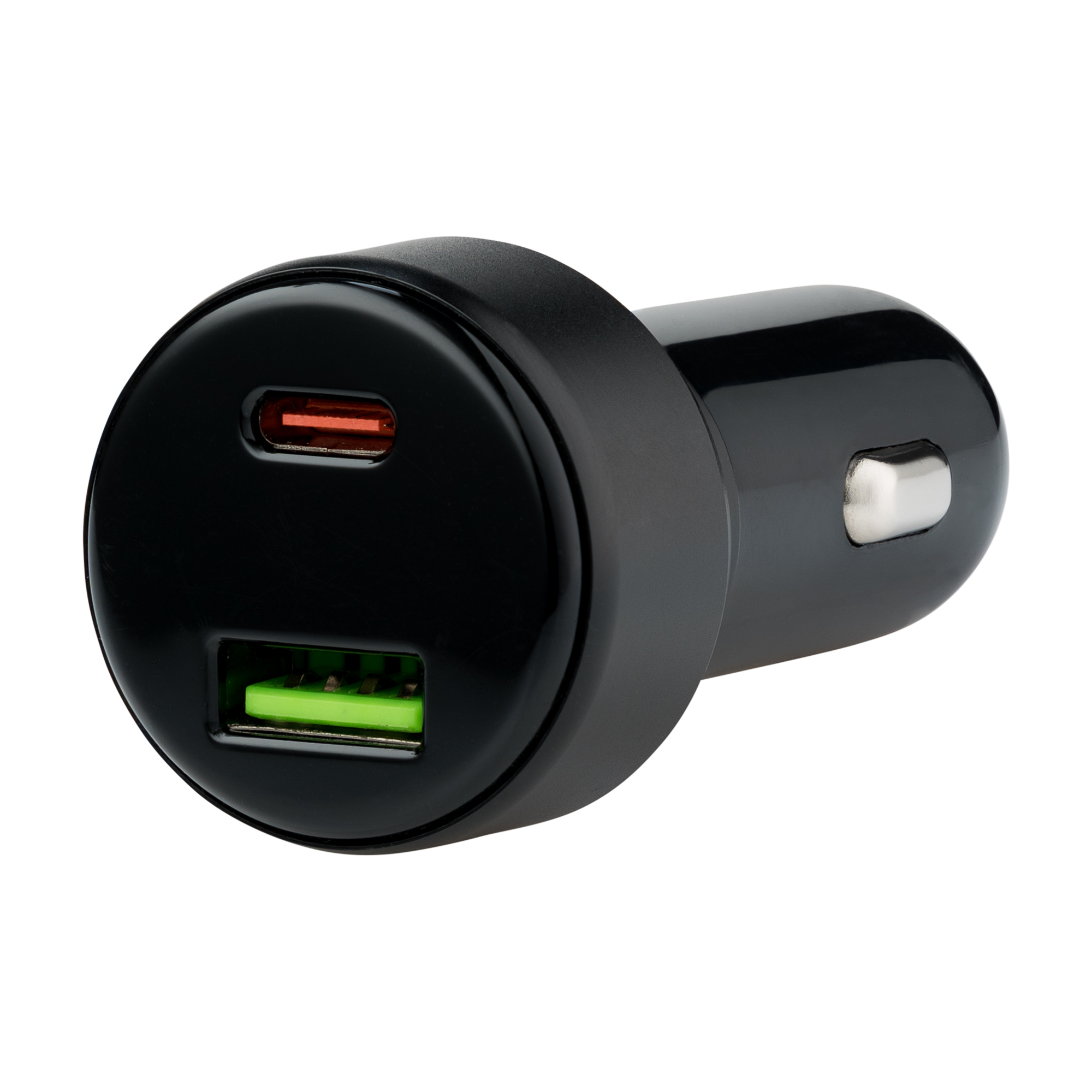 Czarna ładowarka samochodowa z dwoma portami: czerwonym i zielonym.