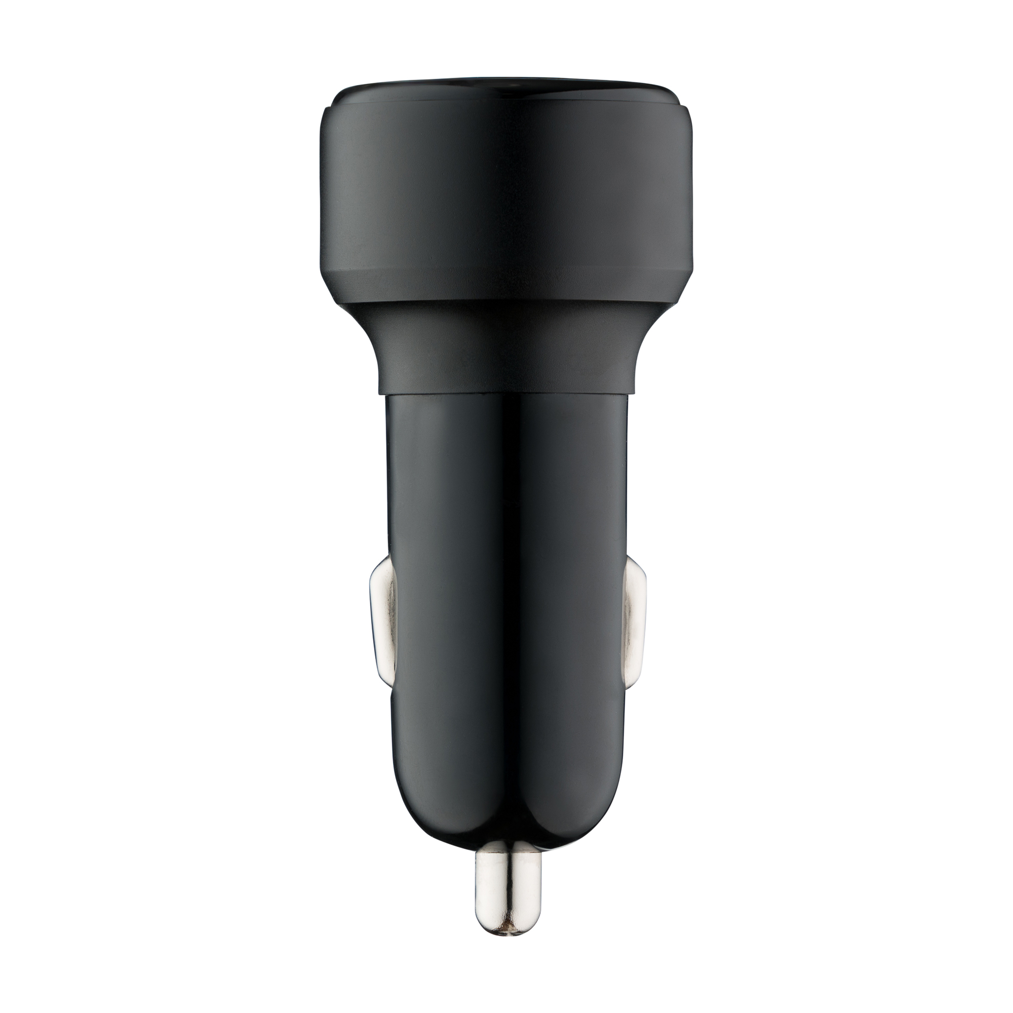 Czarna ładowarka samochodowa, widok z góry, z błyszczącym wykończeniem.