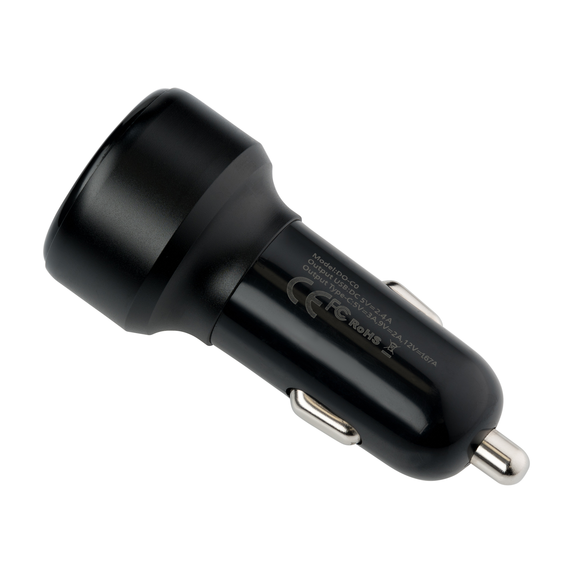 Czarna ładowarka samochodowa, widok pod kątem, z oznaczeniami i błyszczącym wykończeniem.