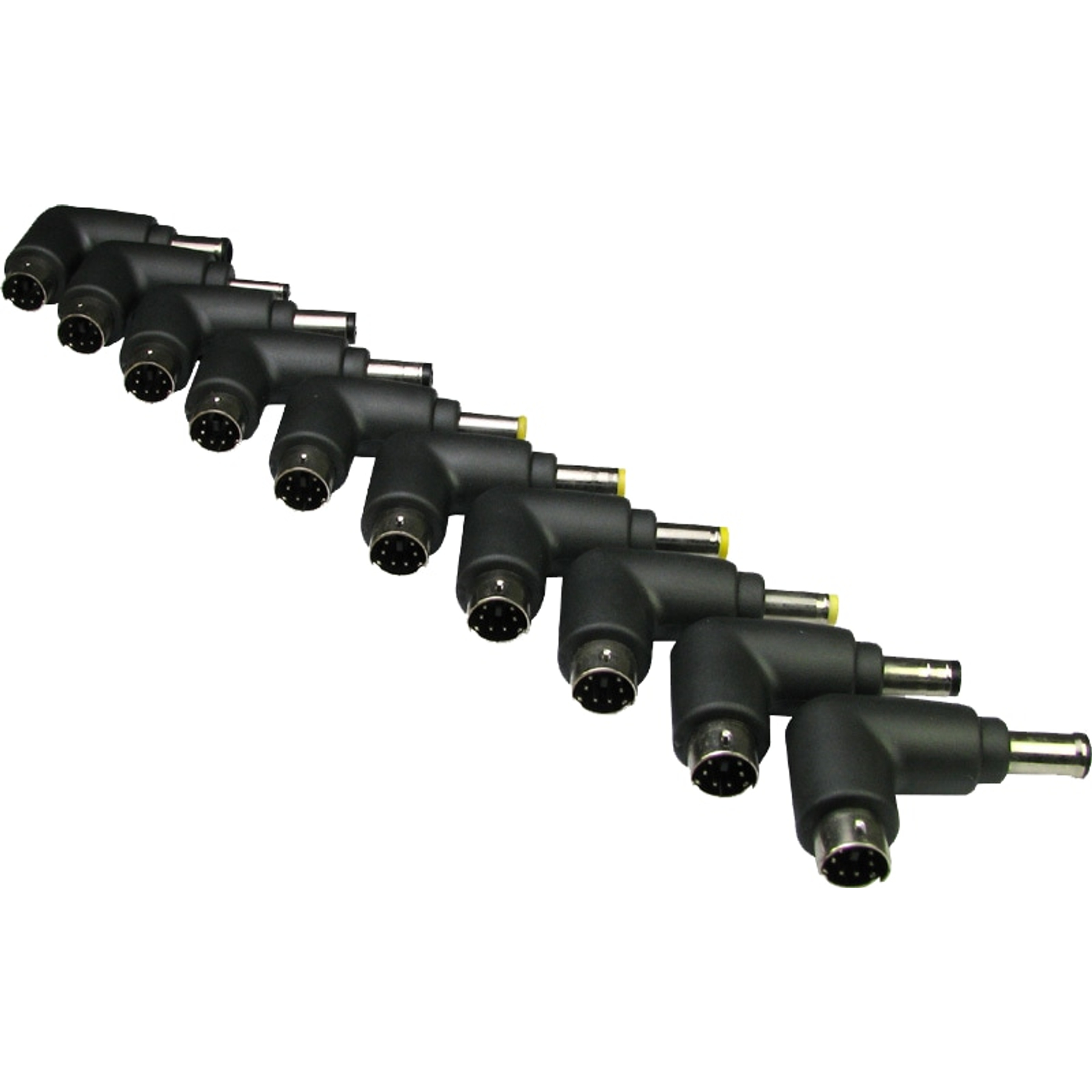 Zestaw czarnych złączy zasilania DC pod kątem na białym tle.