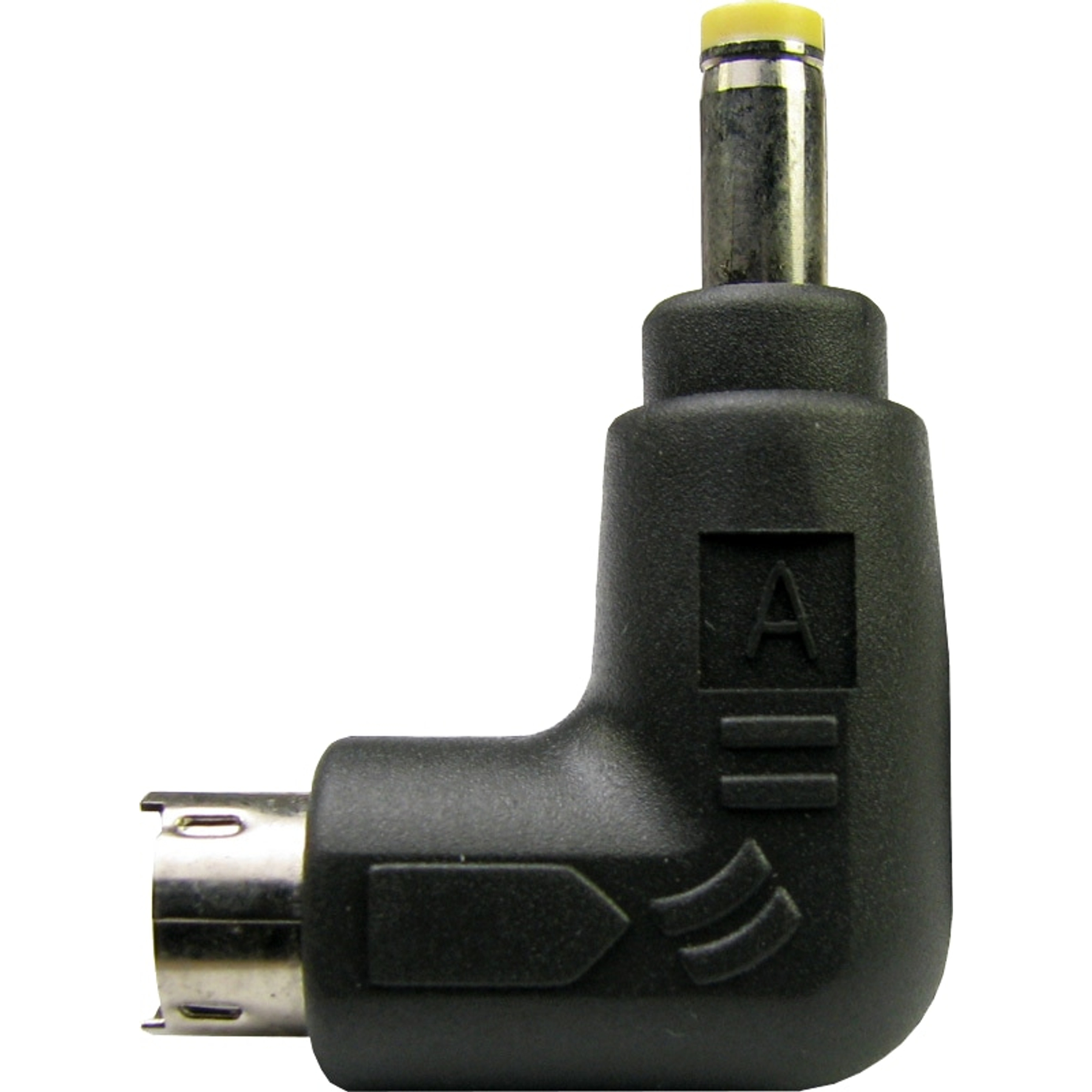 Czarny kątowy konektor zasilacza z żółtą końcówką na białym tle.