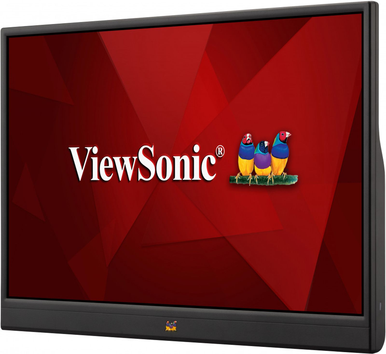 Un monitor ViewSonic muestra un fondo rojo con el logotipo de la marca y tres ilustraciones de pájaros coloridos.