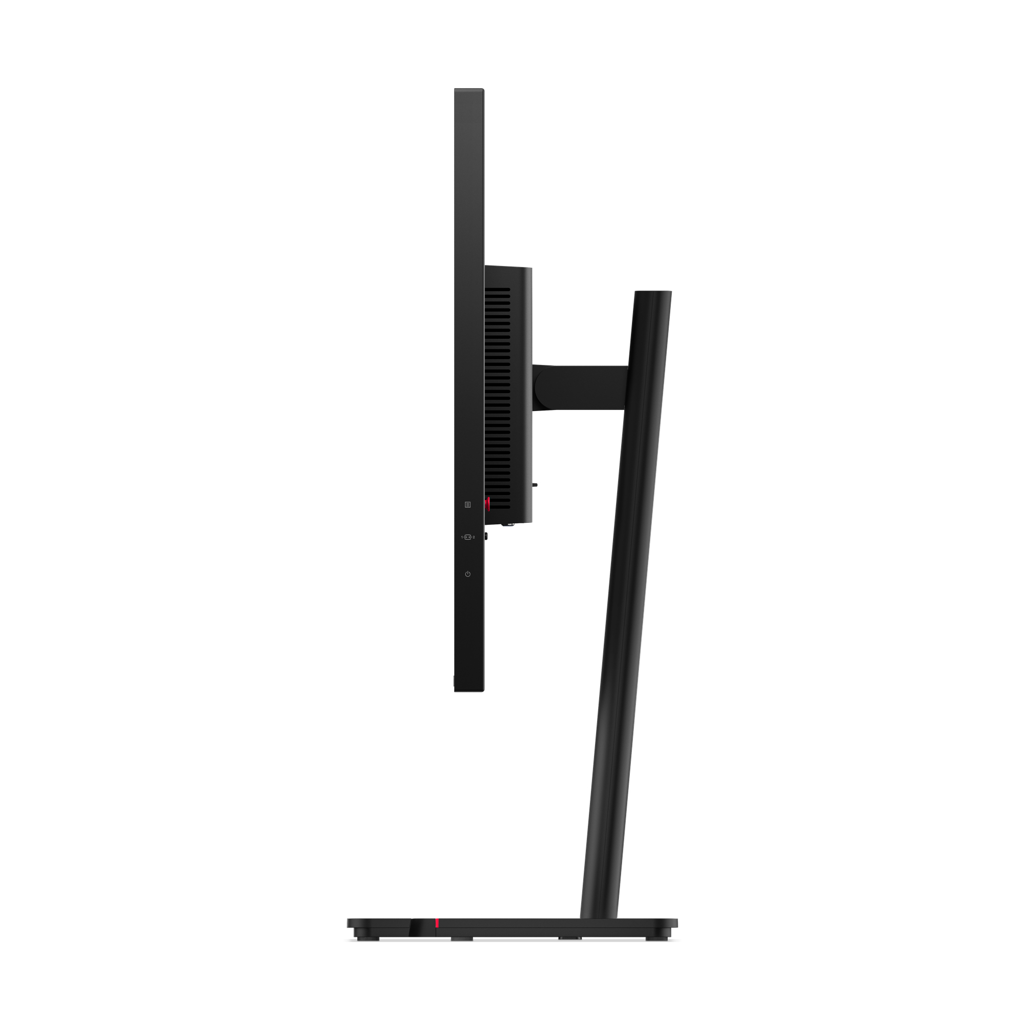 Czarny monitor komputerowy, widok z boku, czarna podstawka.