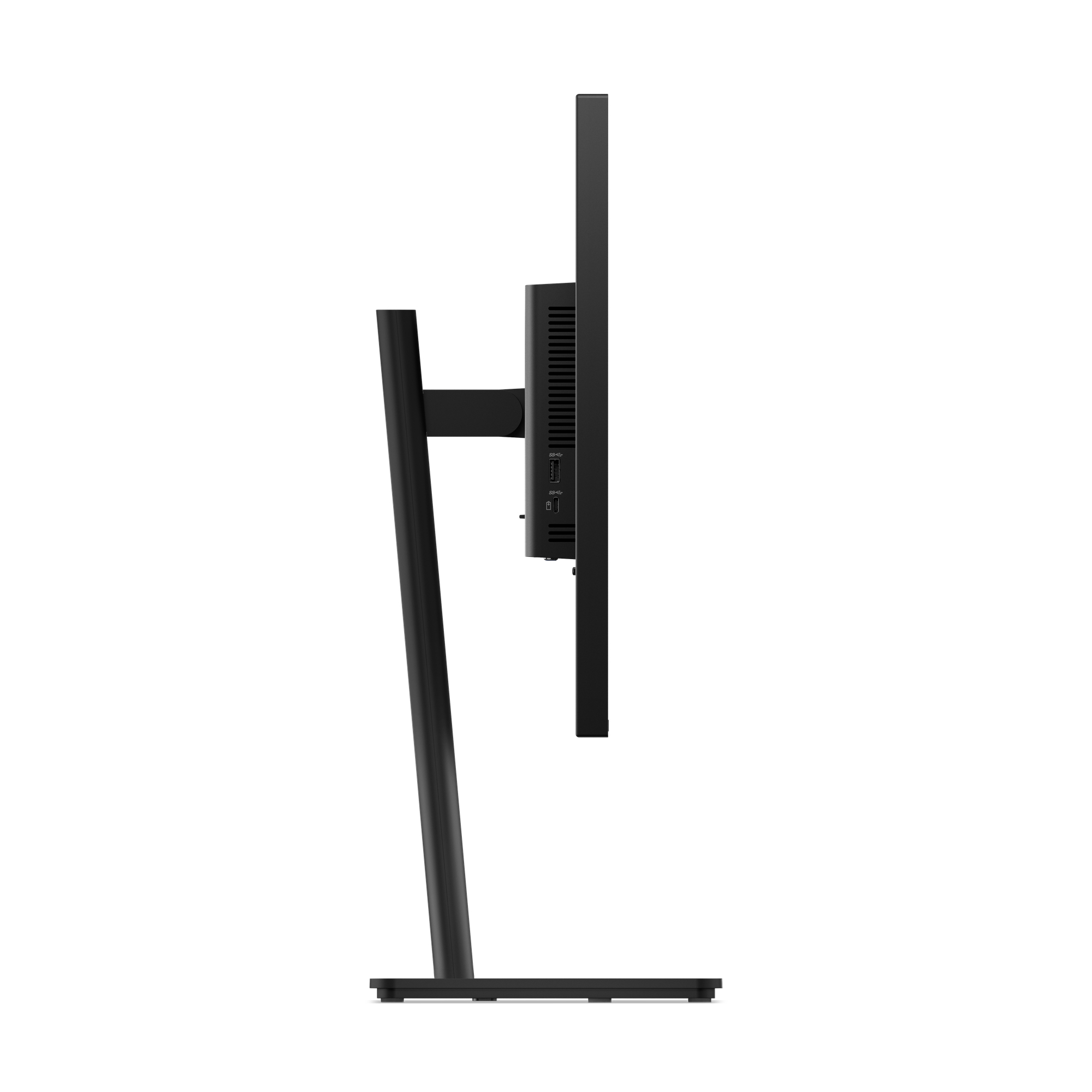 Widok z boku czarnego monitora z podstawą.