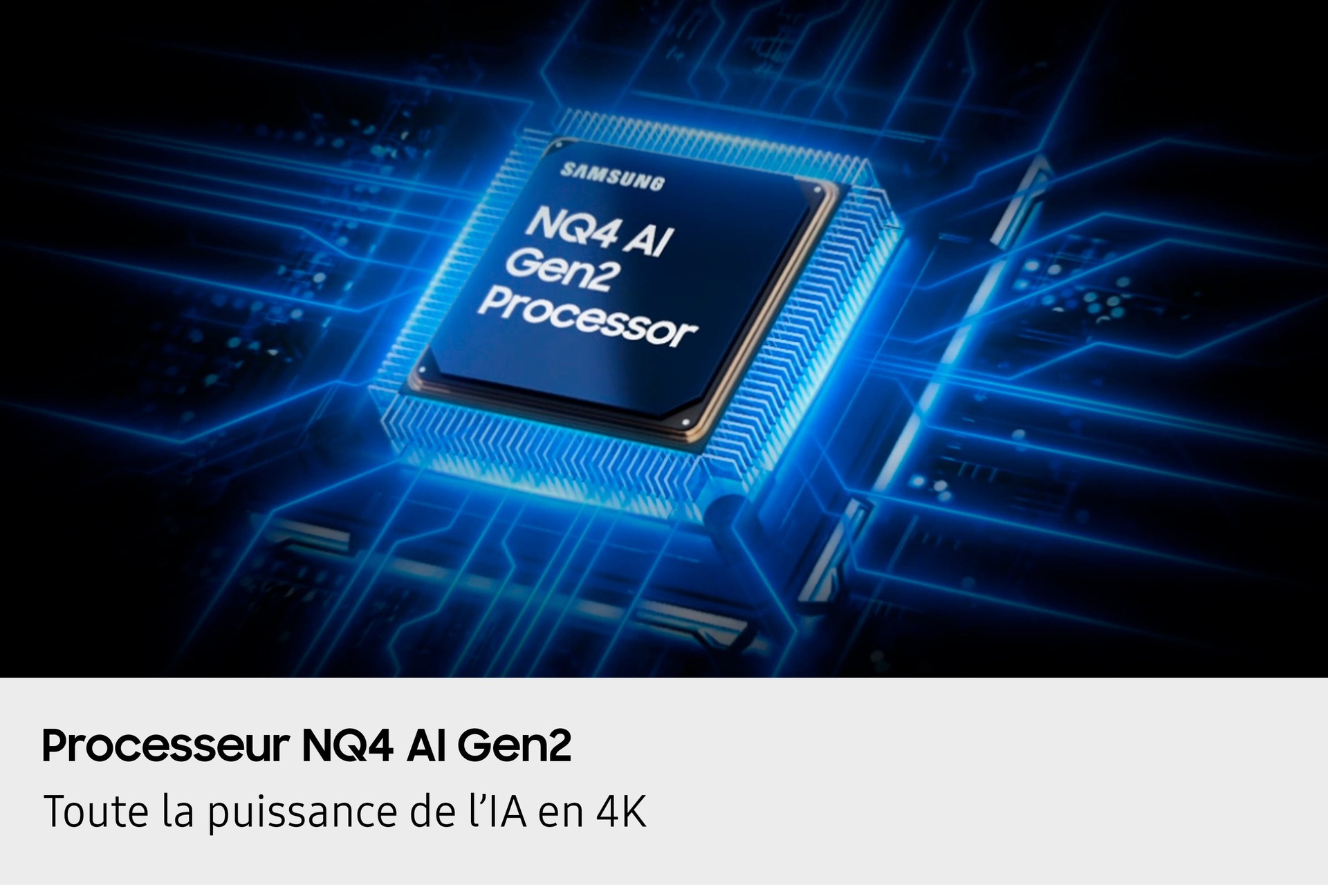 Czarny procesor Samsung z niebieskimi liniami i tekstem 'NQ4 AI Gen2 Processor'.