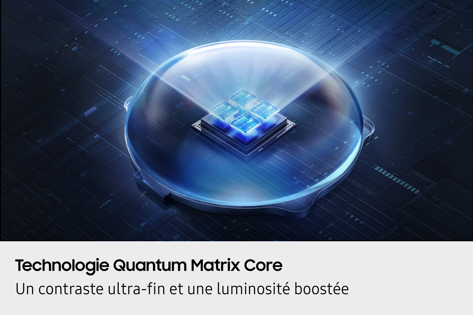 Czarny procesor Samsung z niebieskim okręgiem i tekstem 'Quantum Matrix Core'.