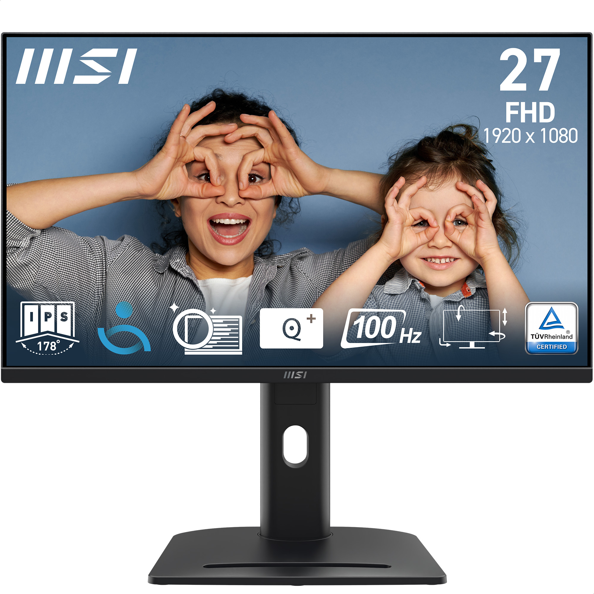 Dos personas hacen gestos con los ojos en la pantalla de un monitor negro. Marca MSI.