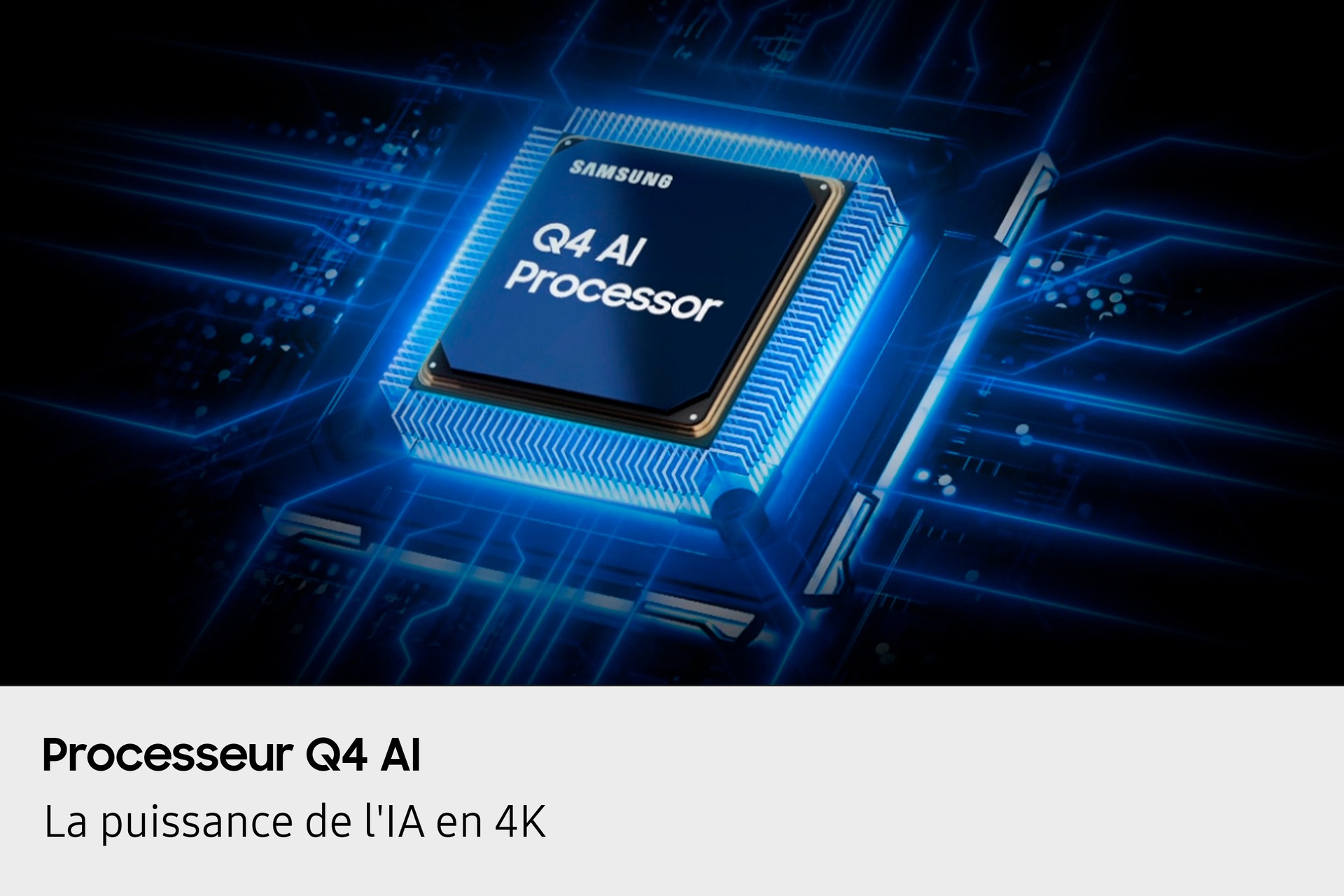 Zbliżenie procesora z niebieskimi liniami i tekstem.