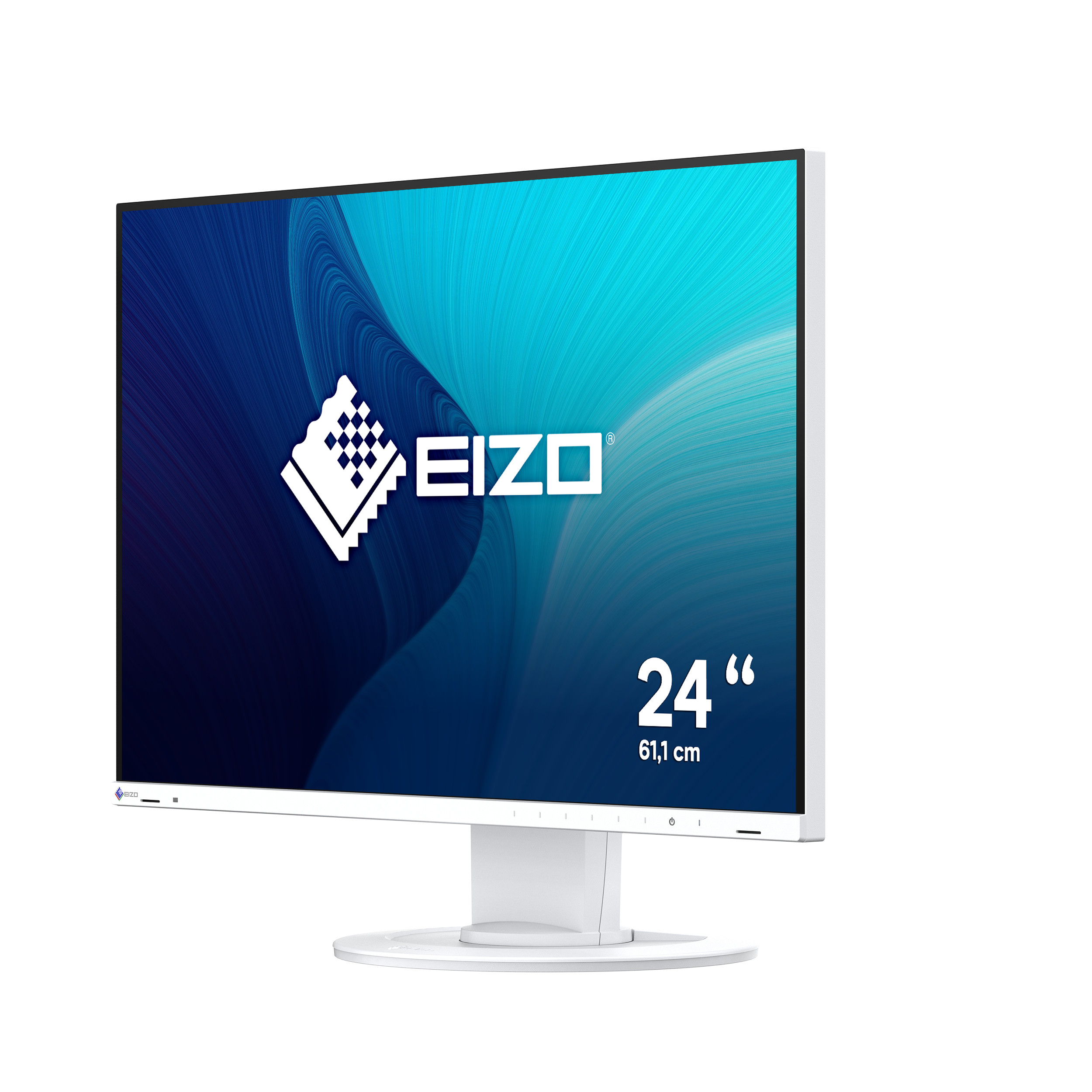 An EIZO monitor with a white stand and a blue and white background graphic.