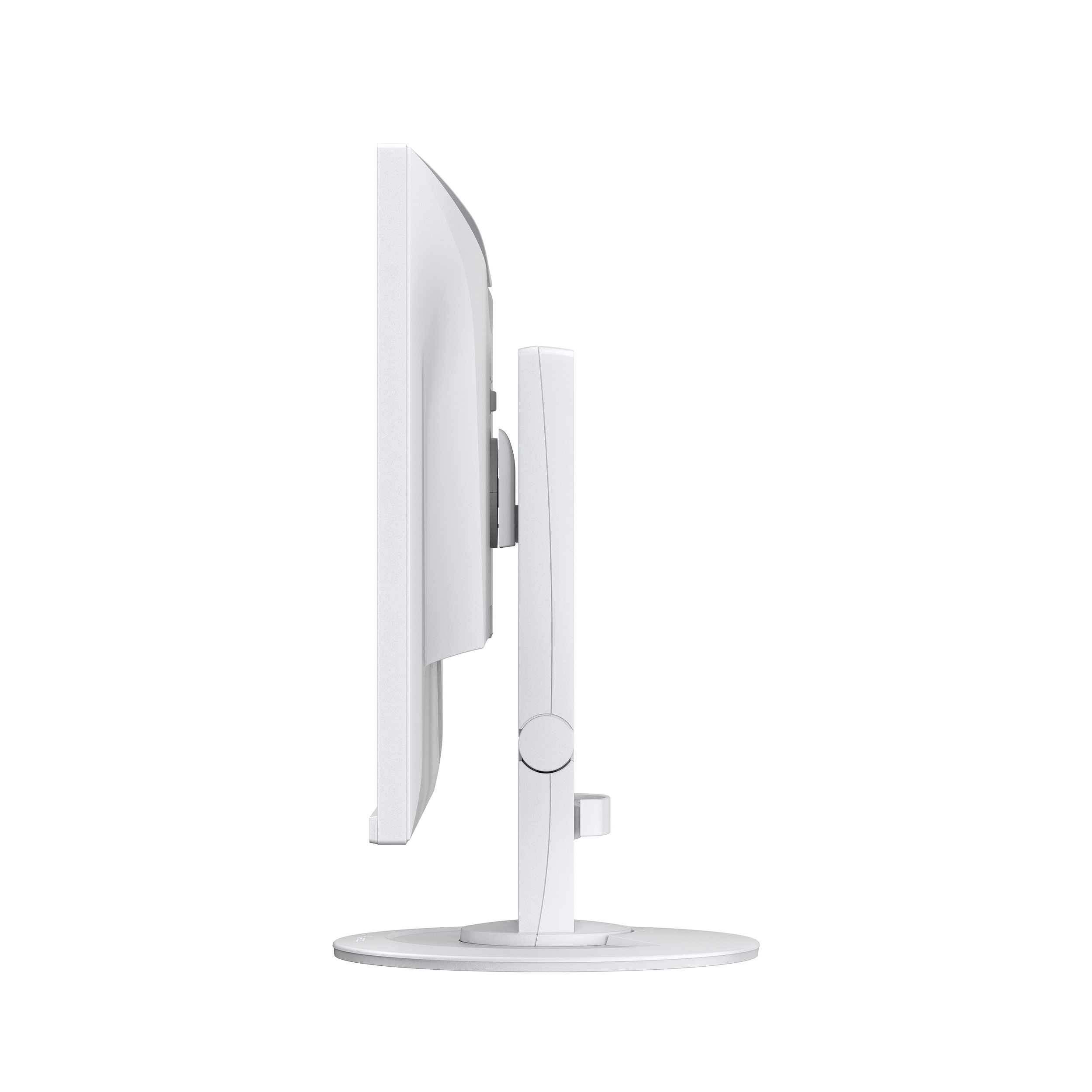 White monitor, side view. White stand, screen, and frame. Isolated.