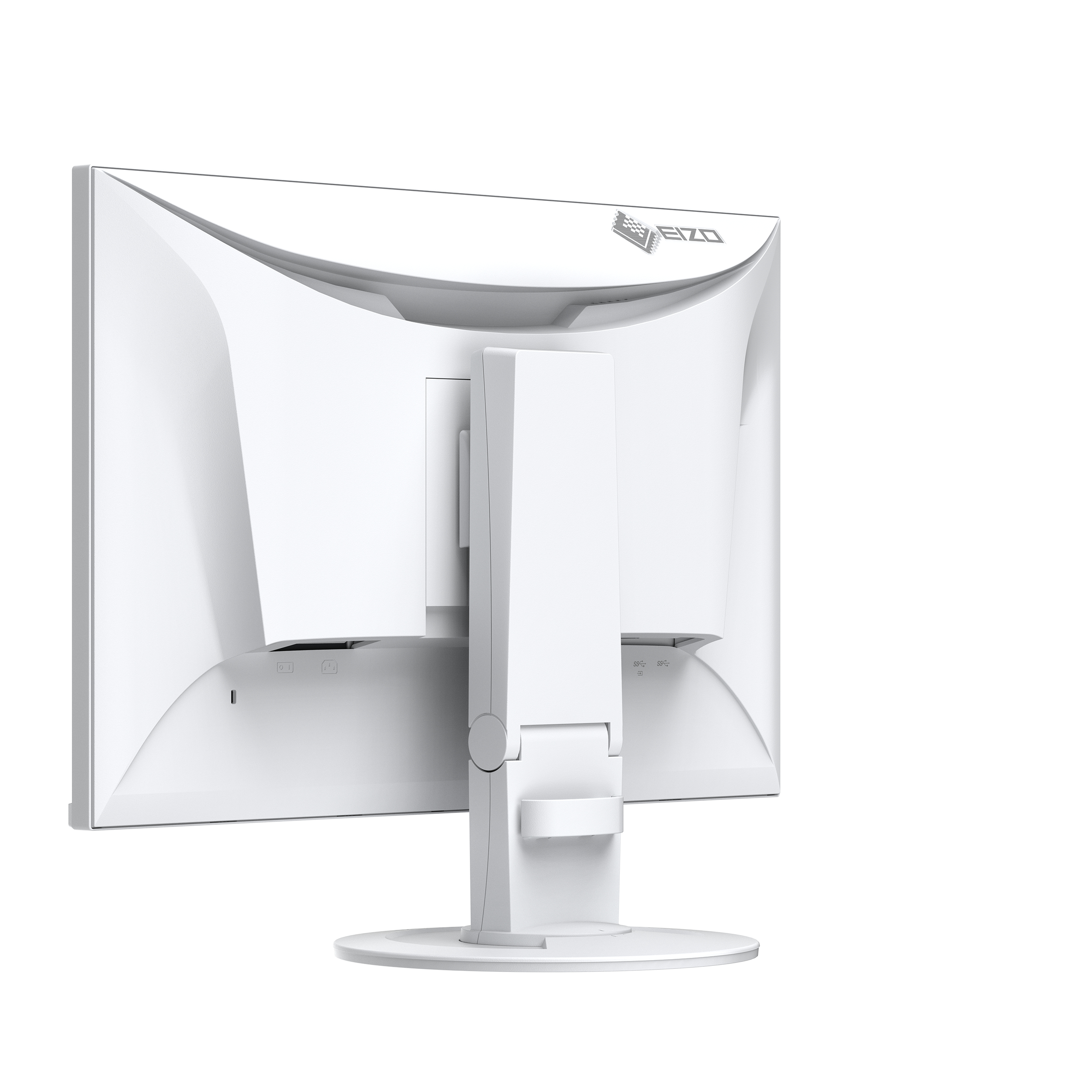 A white EIZO monitor, rear view. It shows ports and a stand.