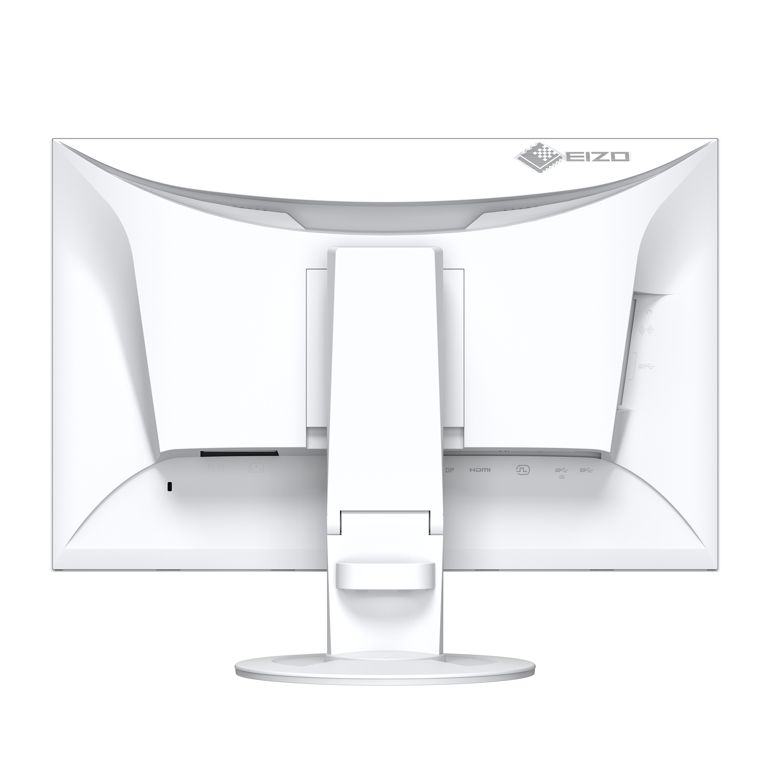 White computer monitor back, showing ports and stand attachment points, with the EIZO logo.