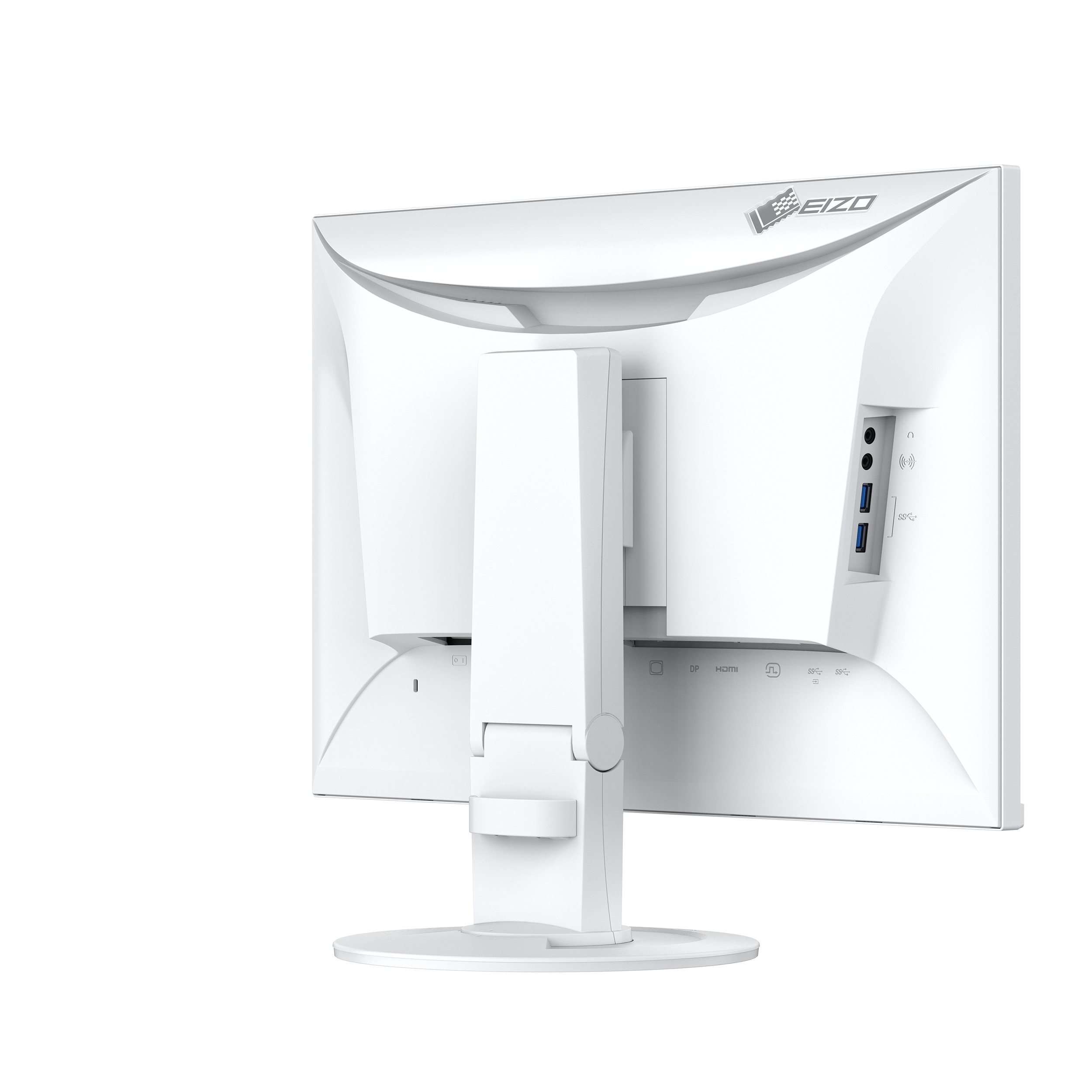 A white EIZO monitor from the back, showing ports and the stand.