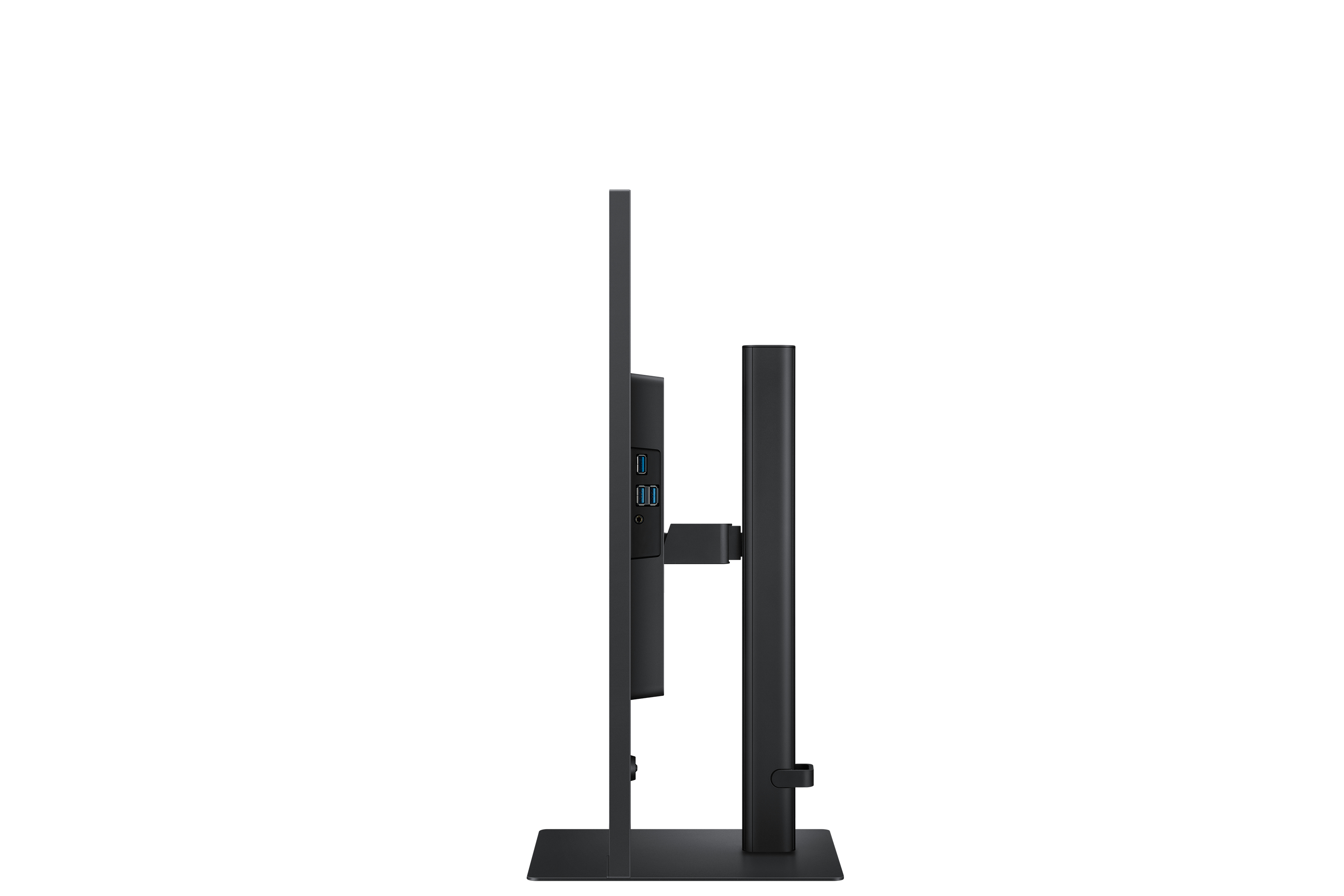 Widok z boku czarnego monitora, pokazujący smukły profil i podstawę.