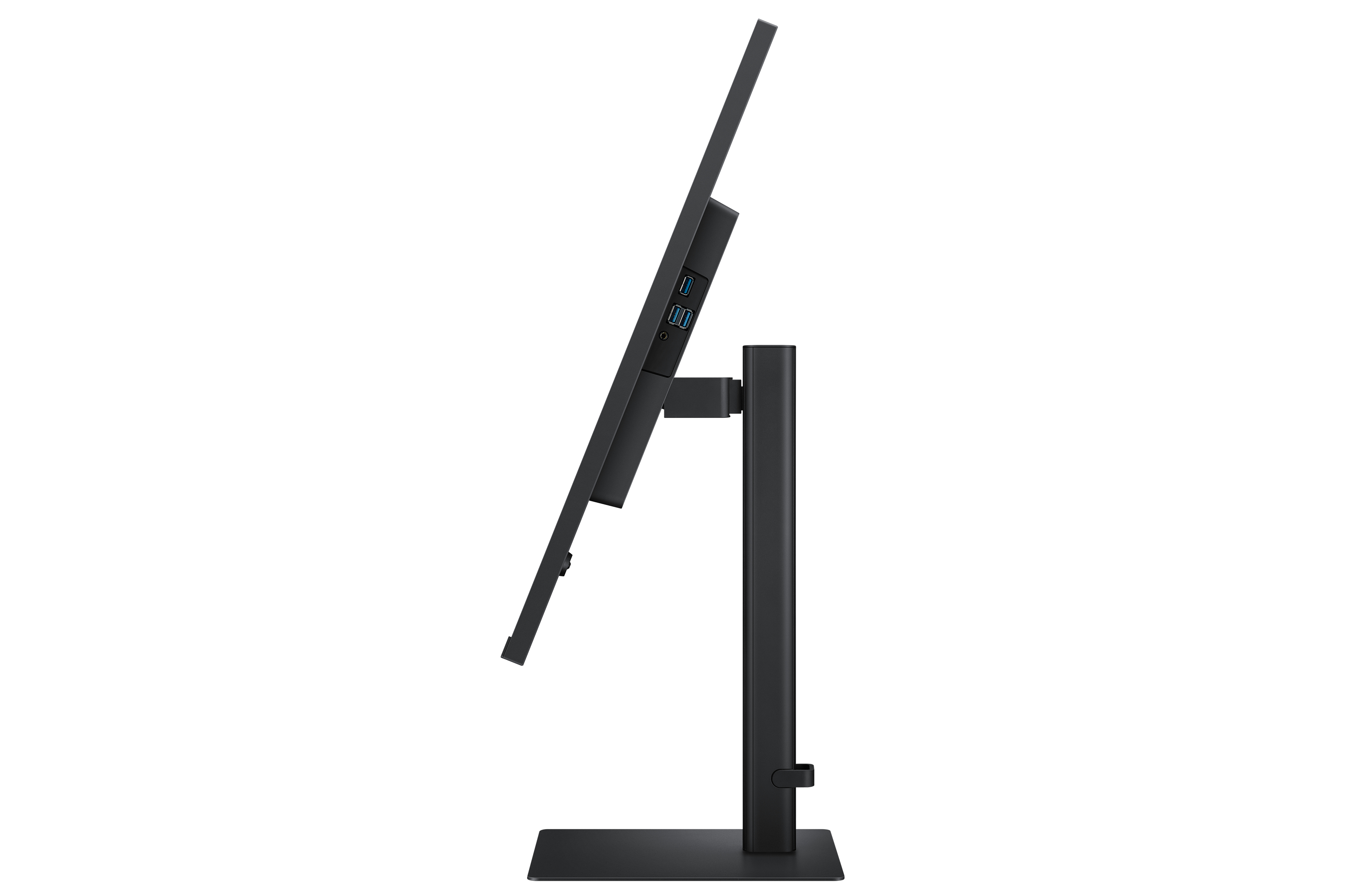 Czarny monitor komputerowy, widok z boku. Czarna podstawa, ekran i rama. Ekran pochylony.