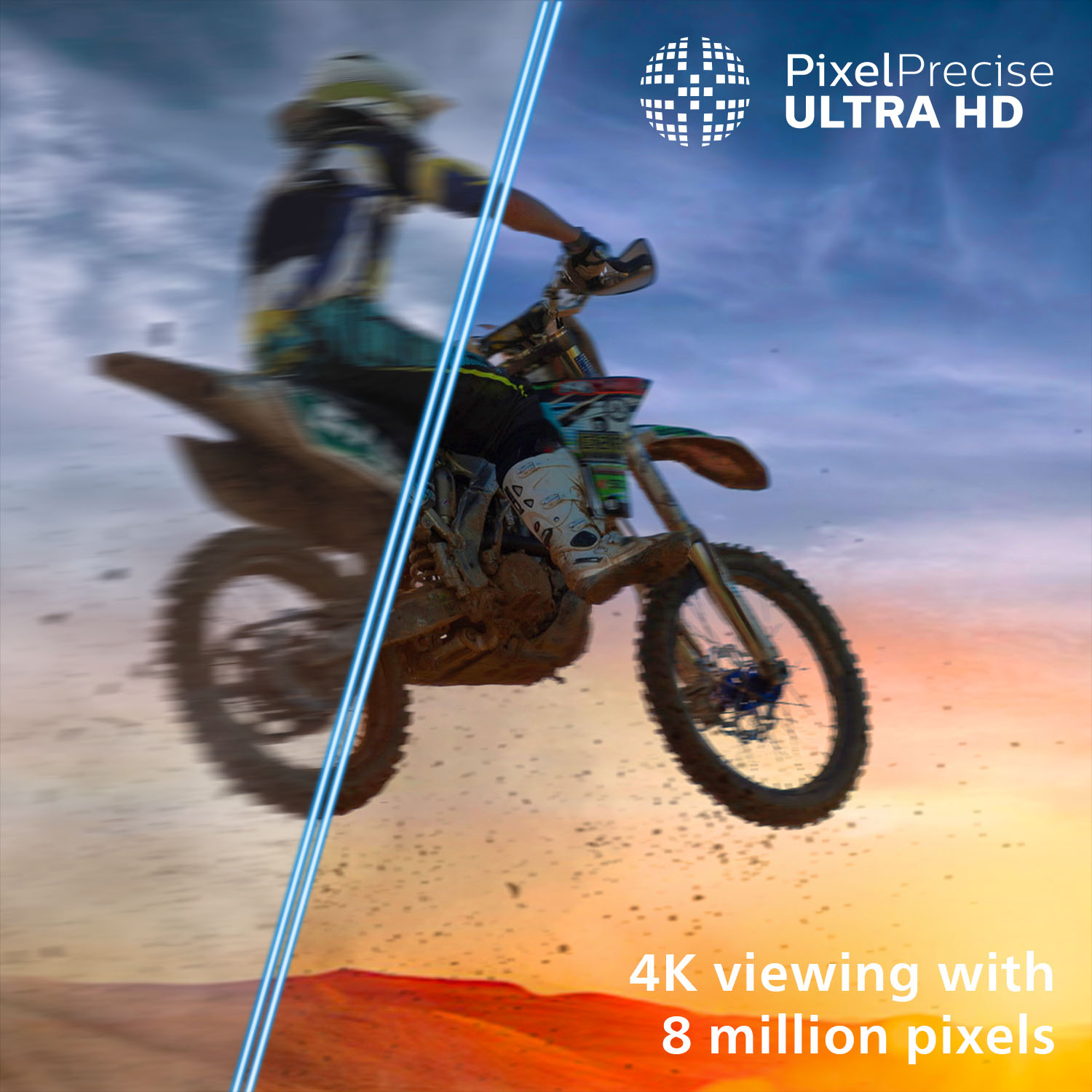 Motocykl skaczący w powietrzu na rozmytym tle. Tekst mówi 'Wyświetlanie 4K z 8 milionami pikseli'.