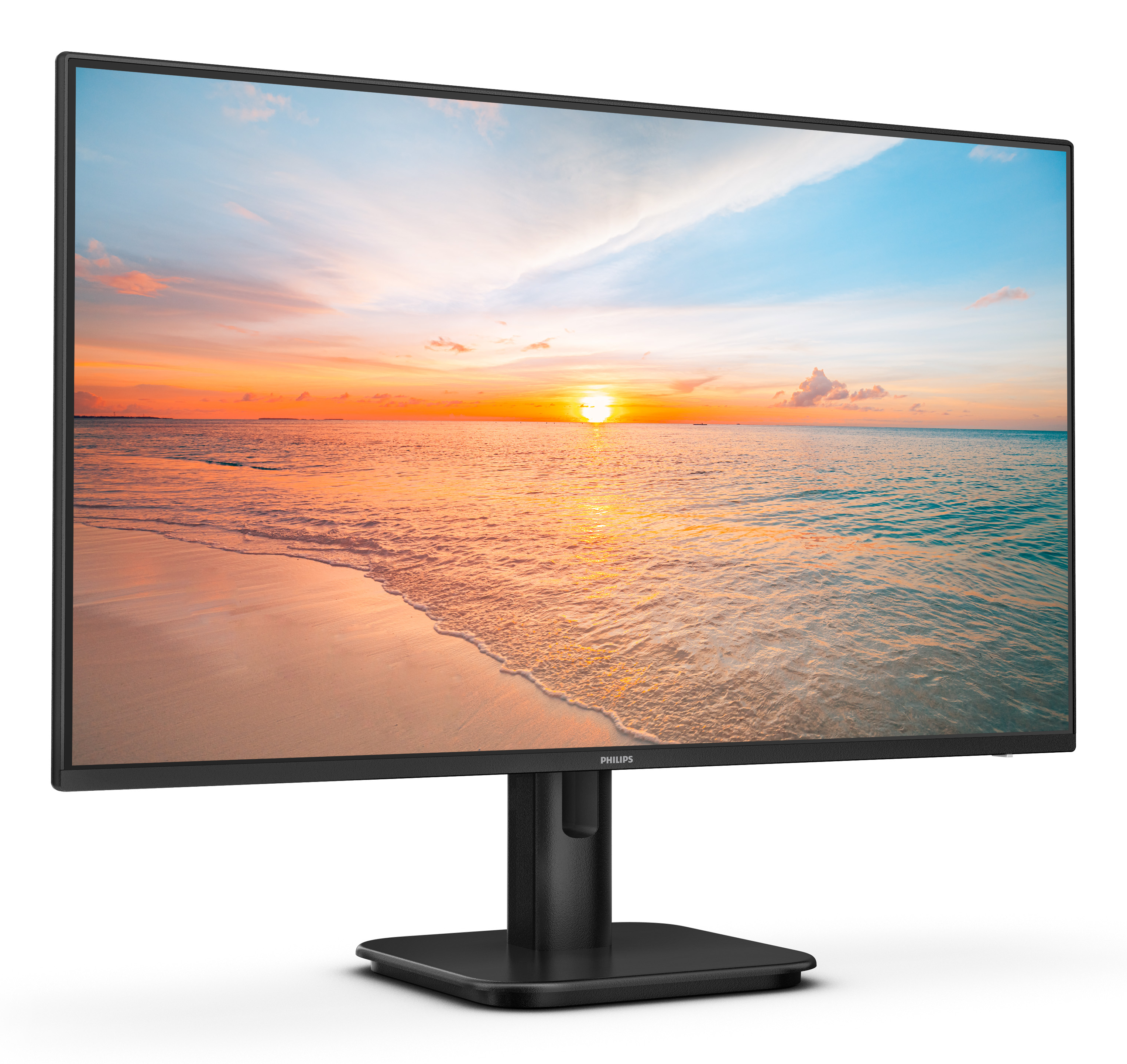 Bir Philips monitör, gün batımıyla bir plaj sahnesi görüntülüyor. Siyah çerçeve ve stand.