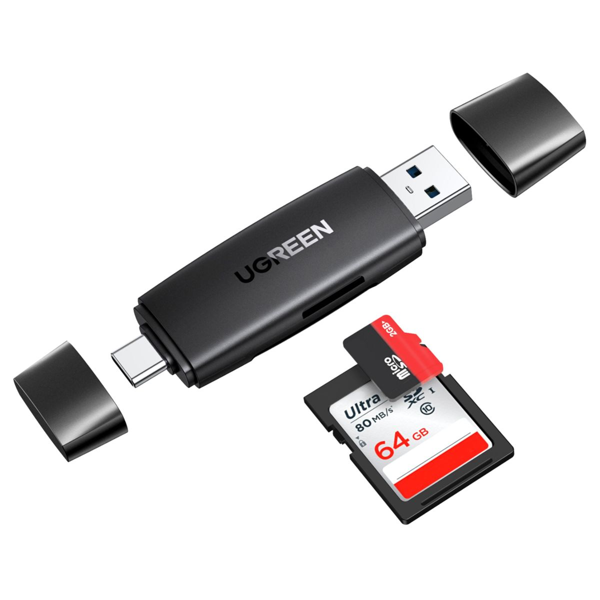 Czarny czytnik kart/adapter USB z włożoną czerwoną i czarną kartą micro SD.
