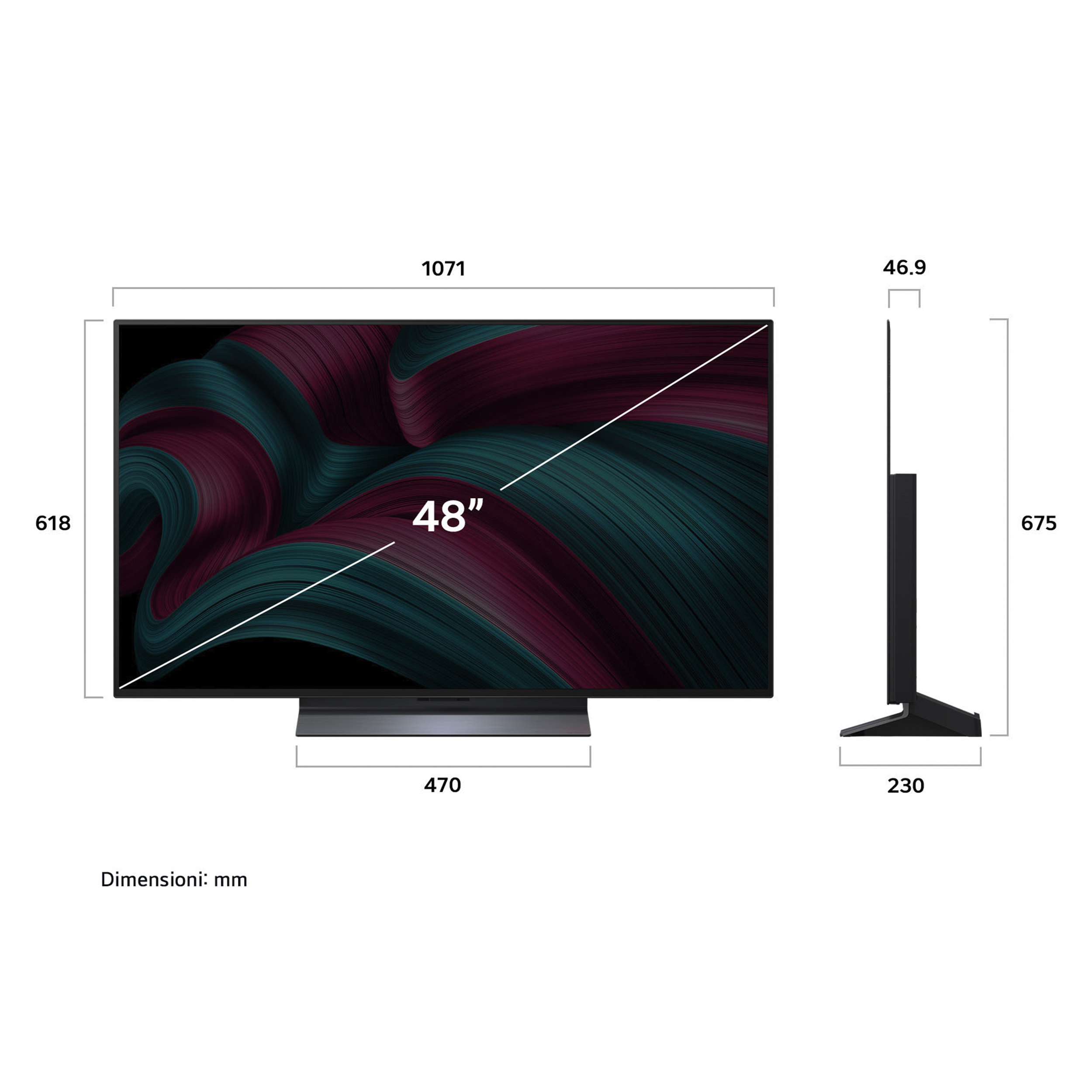 Un diagramme montre les dimensions d'un téléviseur, y compris les détails de la largeur, de la hauteur et de la taille de l'écran.