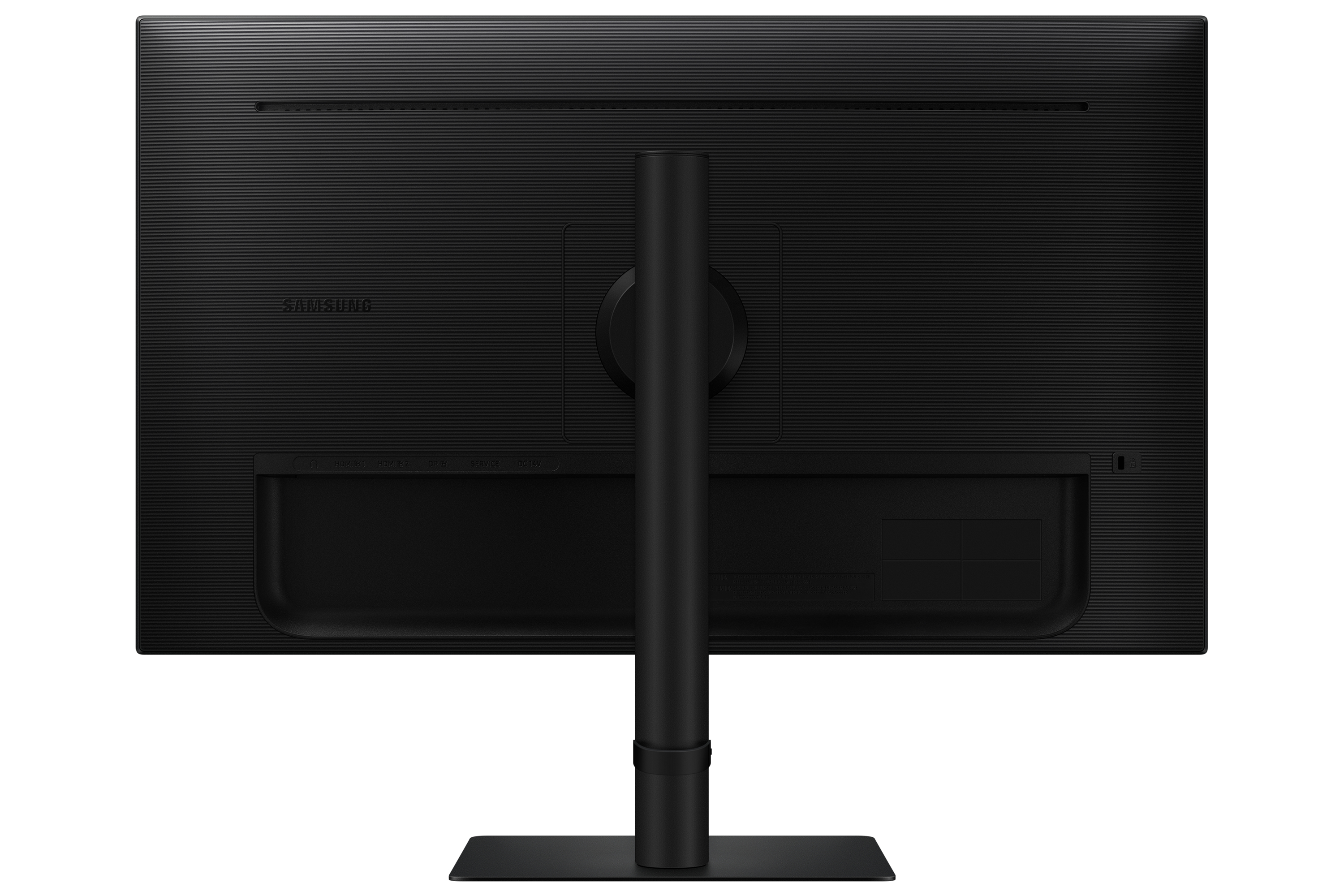 Widok z tyłu czarnego monitora Samsung z podstawką. Monitor ma teksturowany tył.
