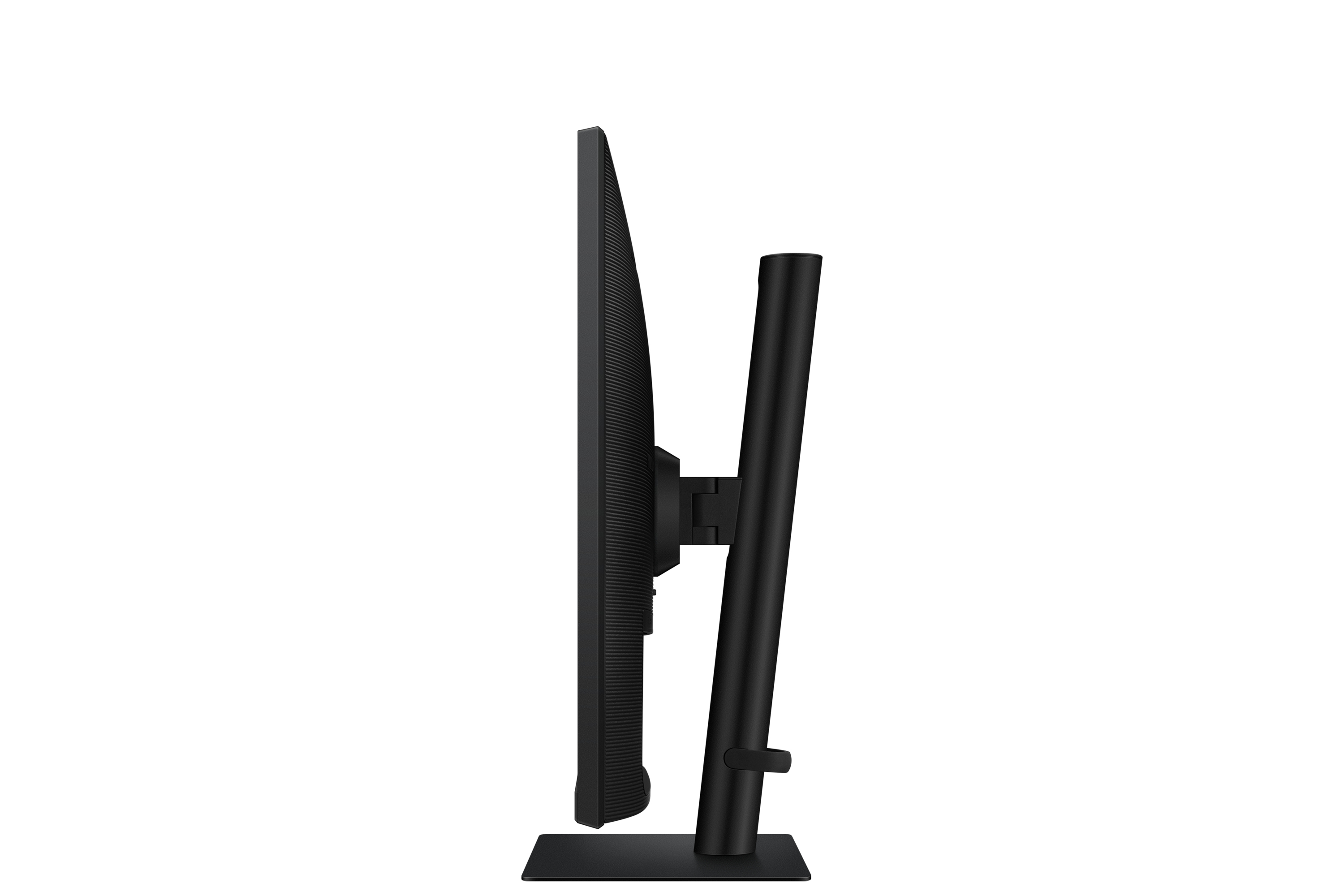 Widok z boku czarnego monitora i podstawy, na białym tle.