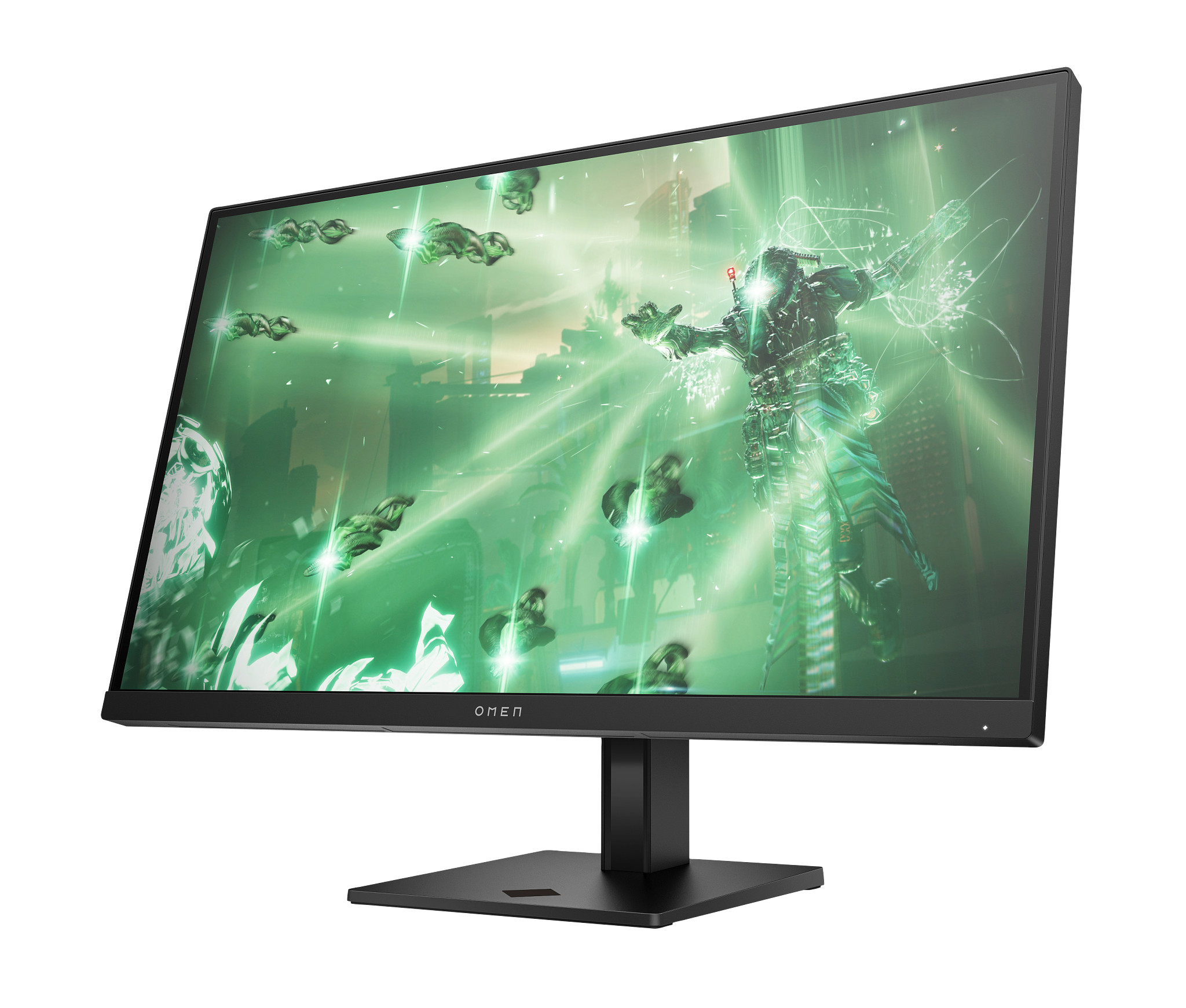 Il monitor Omen mostra una scena di gioco con una figura ed effetti di luce verde.
