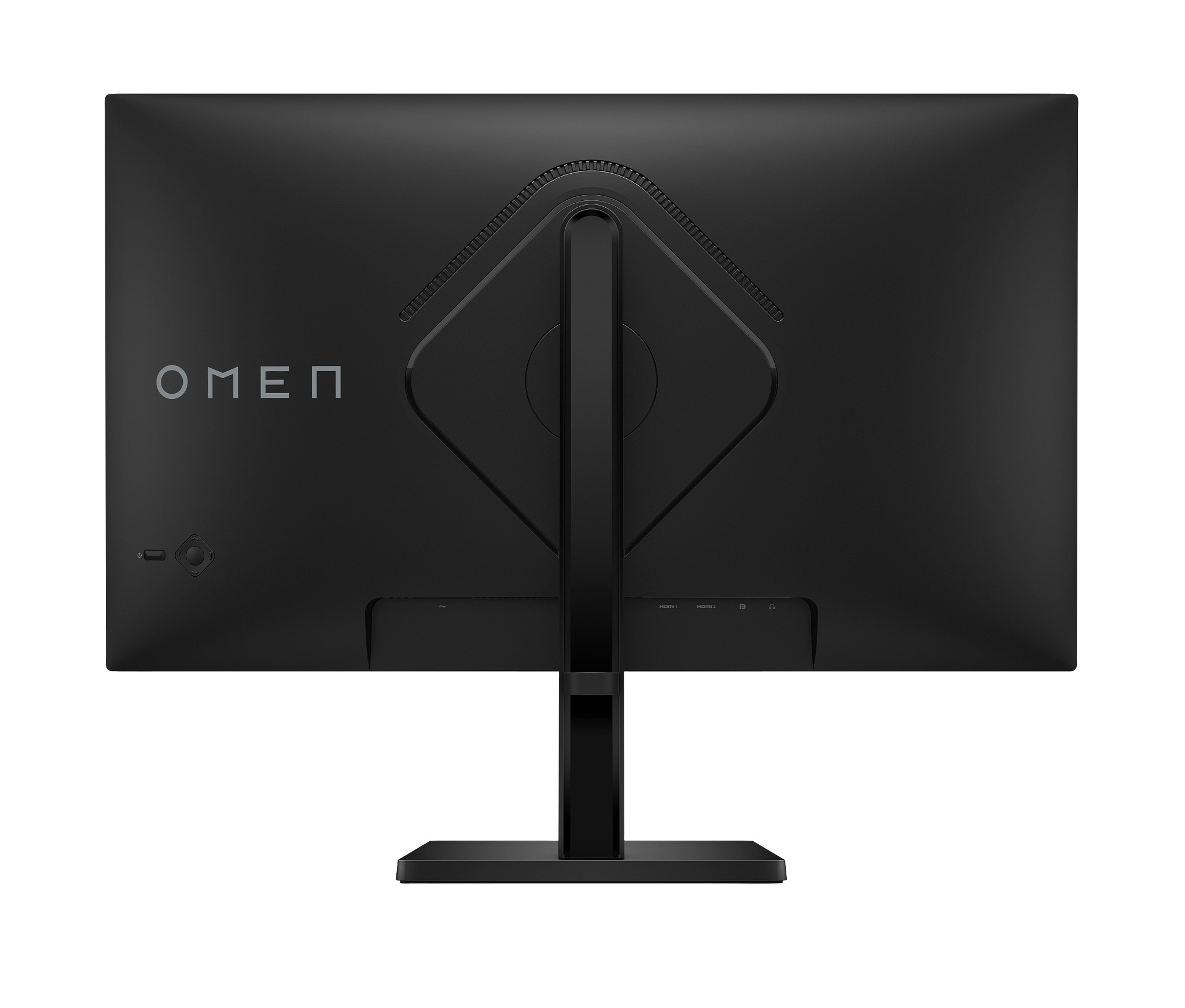 Retro di un monitor OMEN nero. Il logo OMEN è visibile. Le porte sono visibili in basso.
