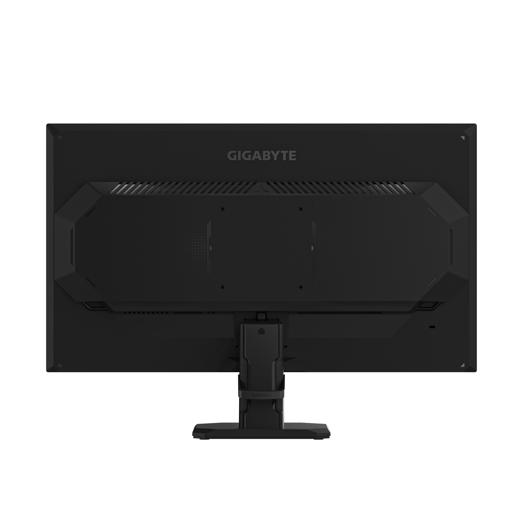 Tył czarnego monitora ze stojakiem. Marka GIGABYTE.