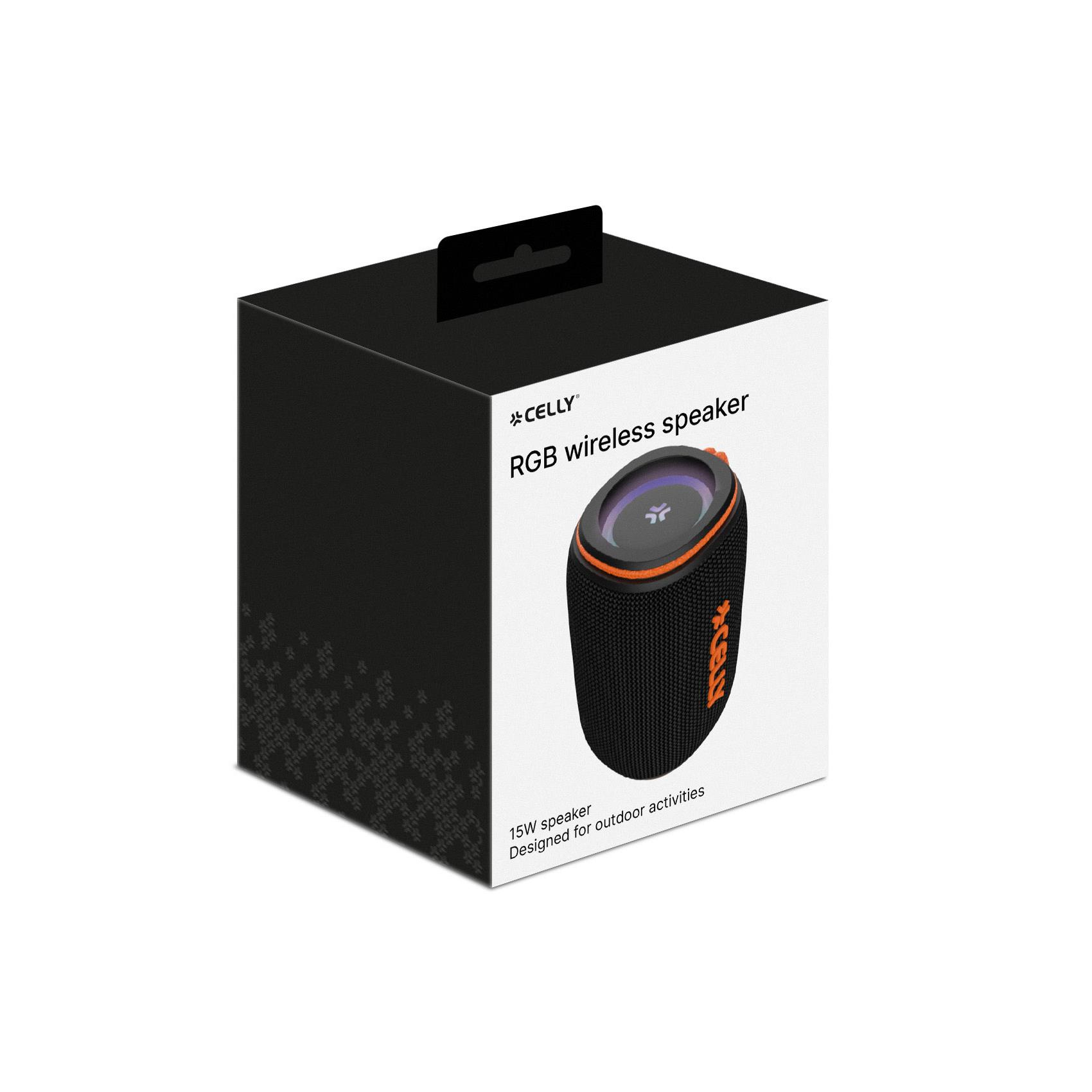 Scatola del prodotto. Scatola nera con illustrazione di altoparlante. Testo: Celly, altoparlante wireless RGB, altoparlante da 15W.