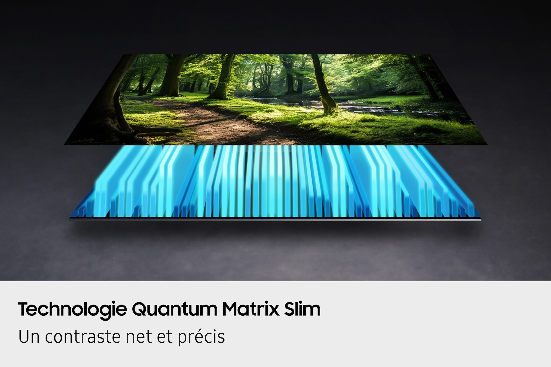 Ekran telewizora wyświetla scenę leśną z niebieskimi detalami świetlnymi.