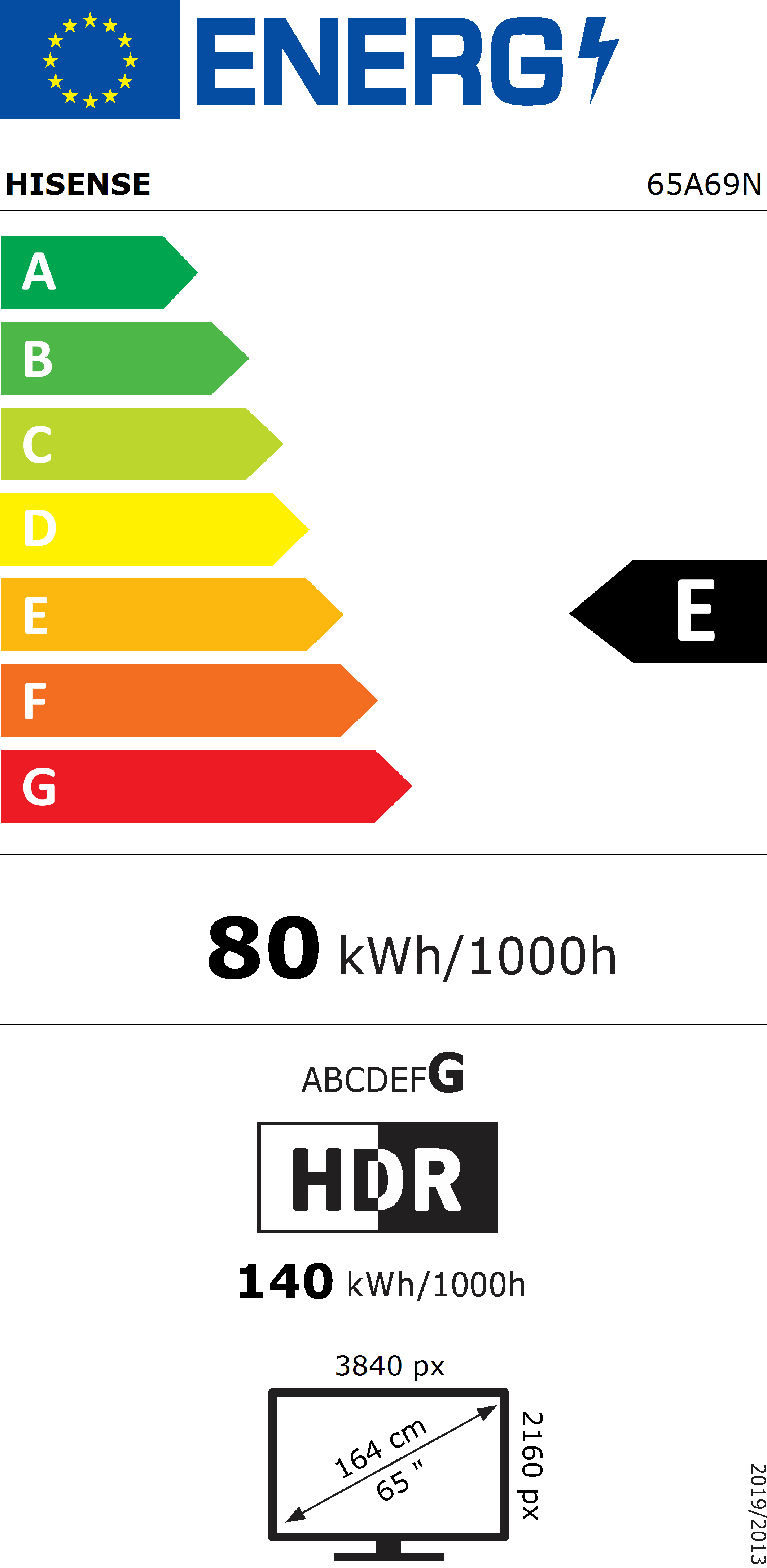 Etichetta energetica per TV Hisense. Mostra classe E e consumo di 80 kWh/1000h.