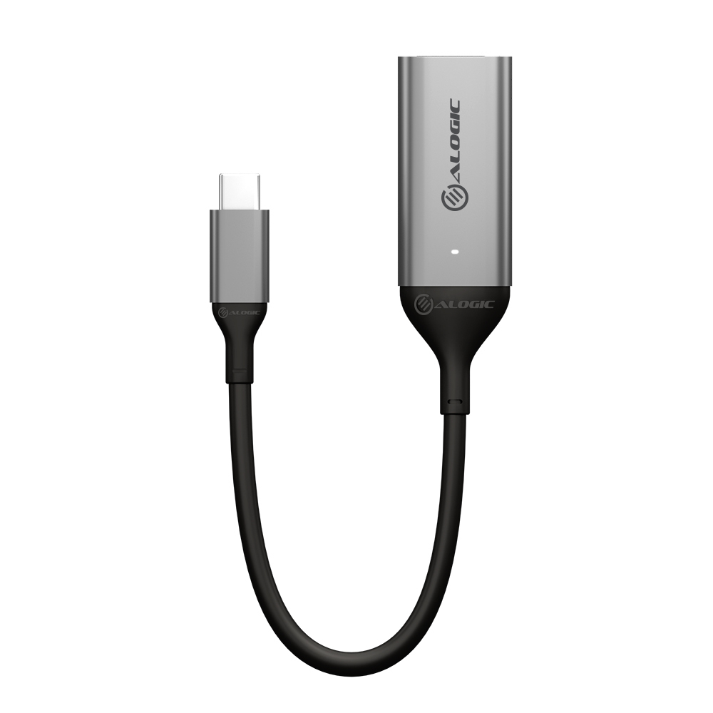 Un cable adaptador USB-C a USB-C plateado, con un cable negro que conecta los extremos.