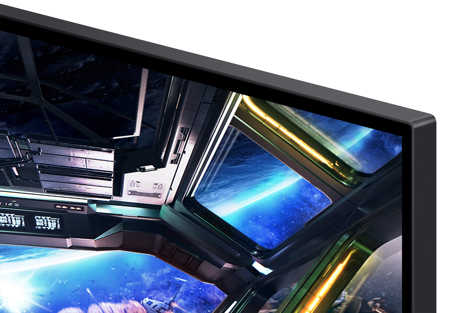 Zbliżenie monitora pokazujące scenę statku kosmicznego w kosmosie, z widokiem z okna.